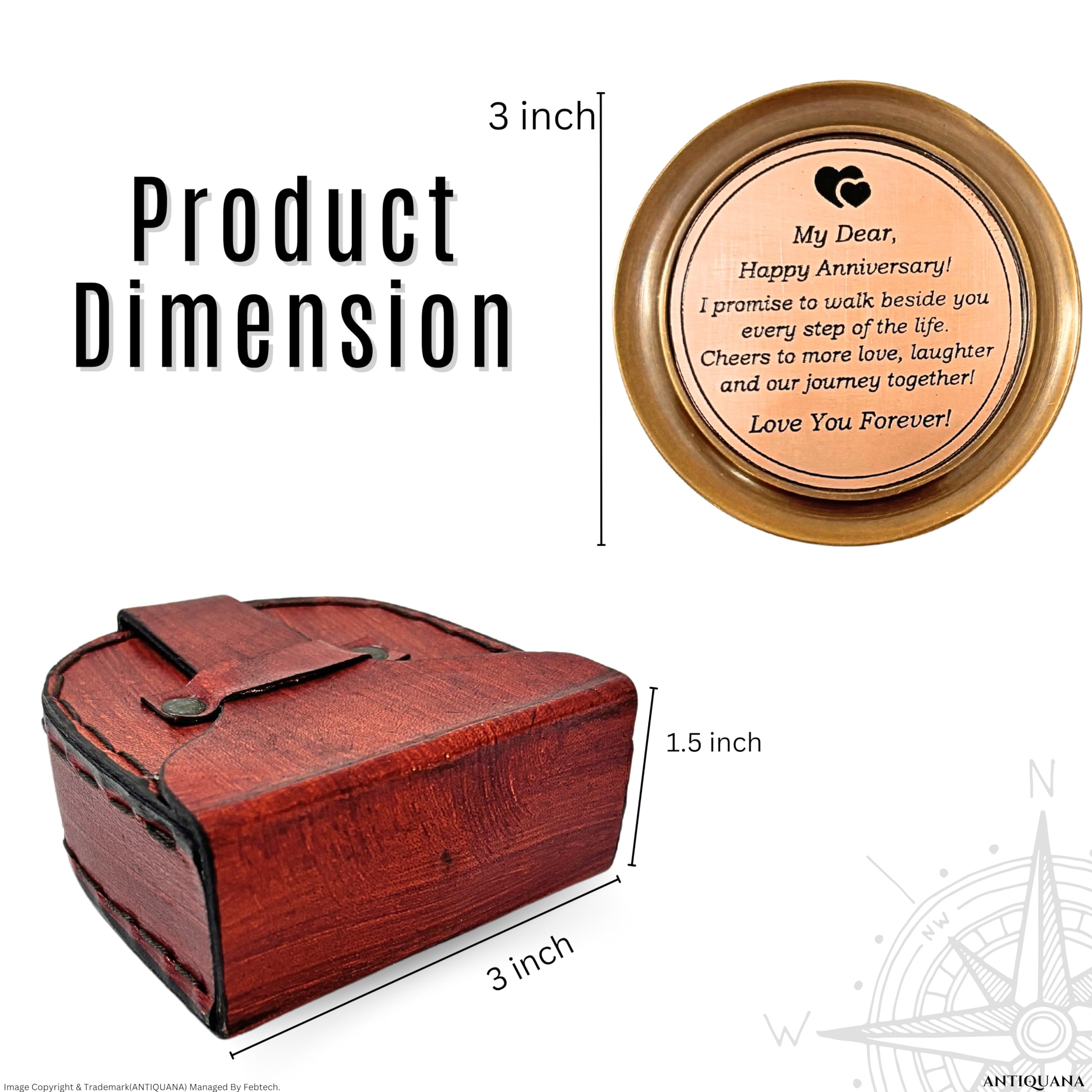 ANTIQUANA Navigate Your Adventures in Style: Vintage Brass Compass Set in Exquisite Leather Case - A Travel Companion and Unforgettable Gift (3 Inch)