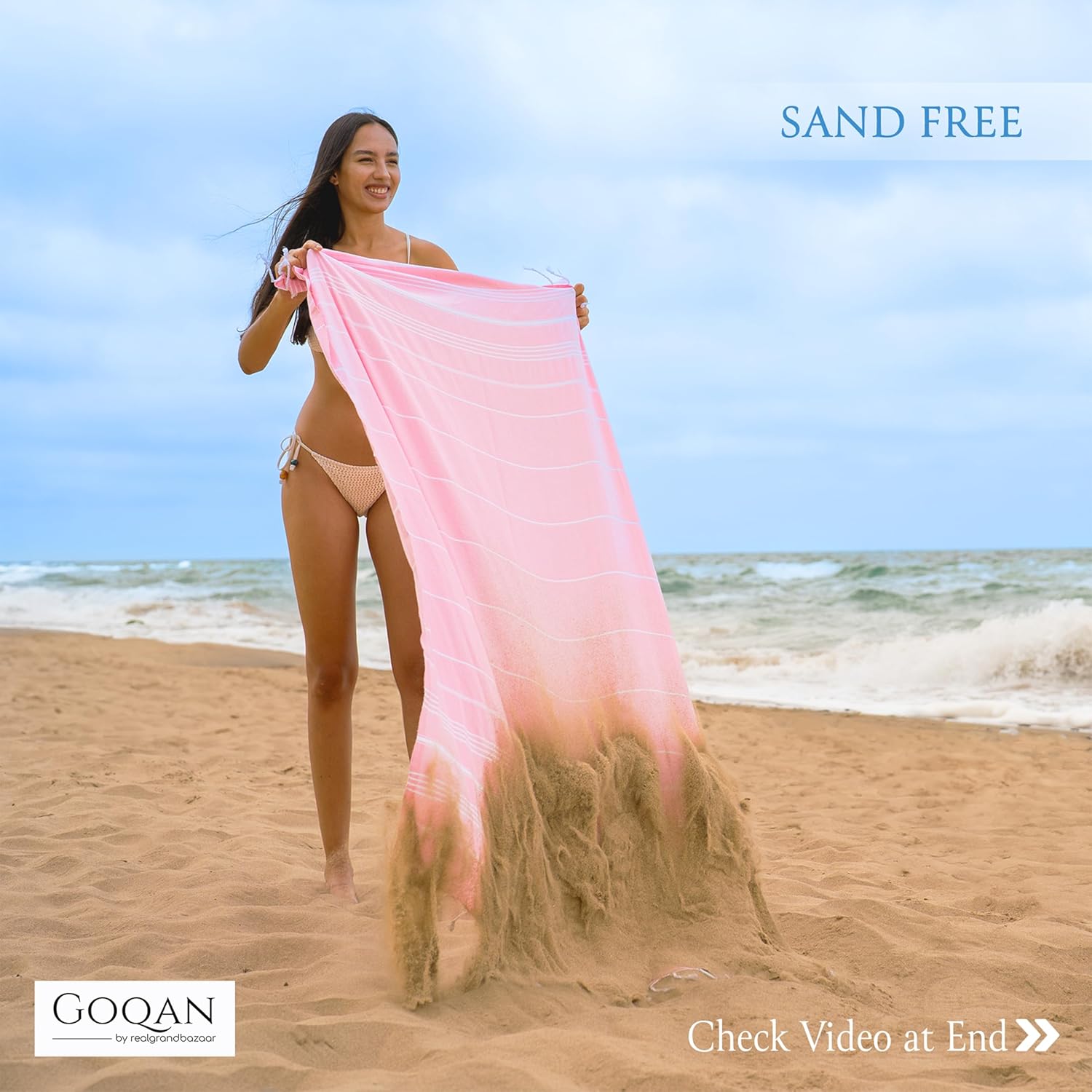 GOQAN Turkish Beach Towel Oversized 39x71 | Thin, Lightweight, 100% Cotton and Sand Free Towel is Suitable for Beach, Bathroom, Pool, Travel & Swim - Sugar Pink
