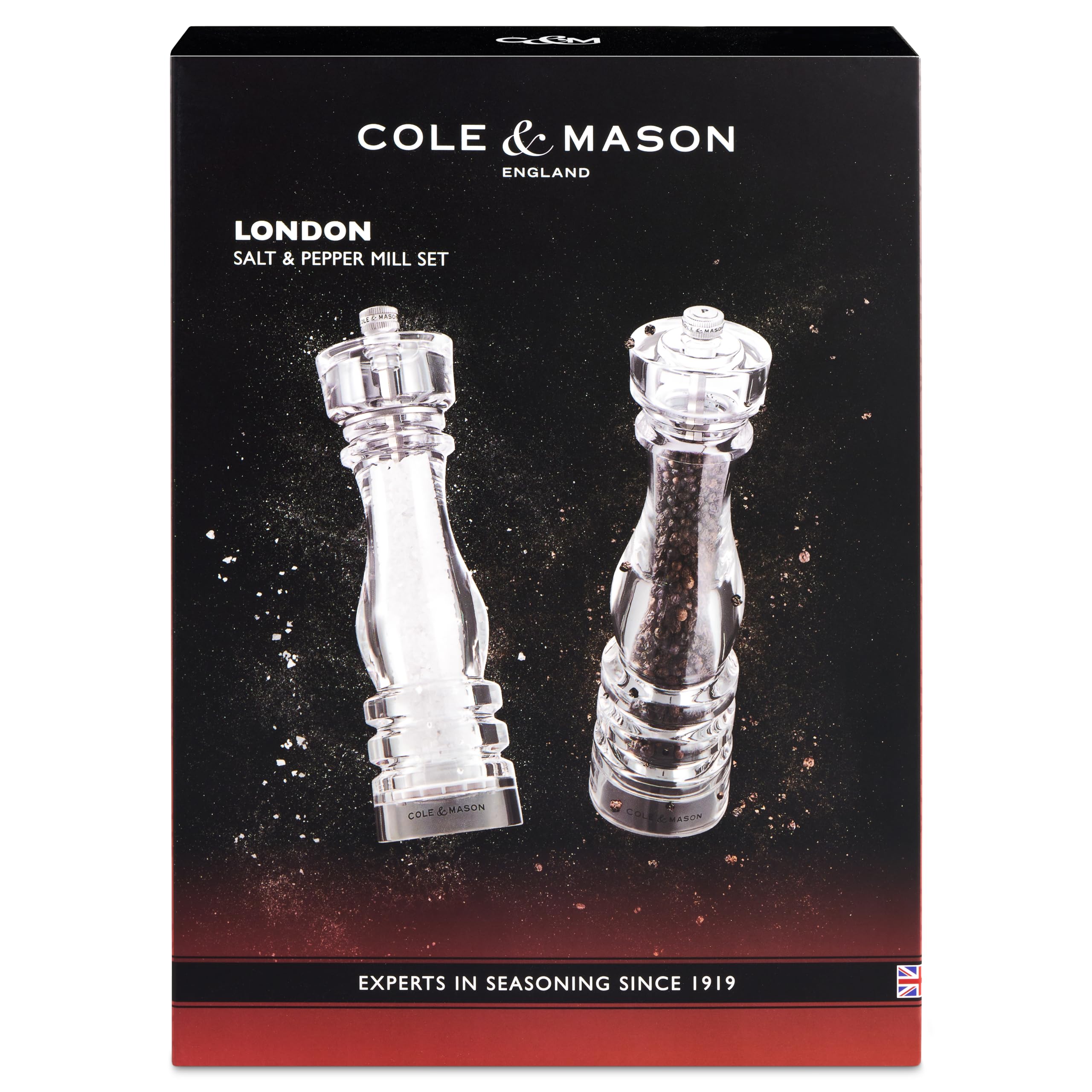 Cole & Mason London Salz und Pfeffermühle Acryl 22 cm, Keramikmahlwerk | Pfeffer und Salzmühle Klein, Precision+ Einstellbarem Malwerk, Gewürzmühle gefüllt, Transparent Acryl/Edelstahl, Geschenkset