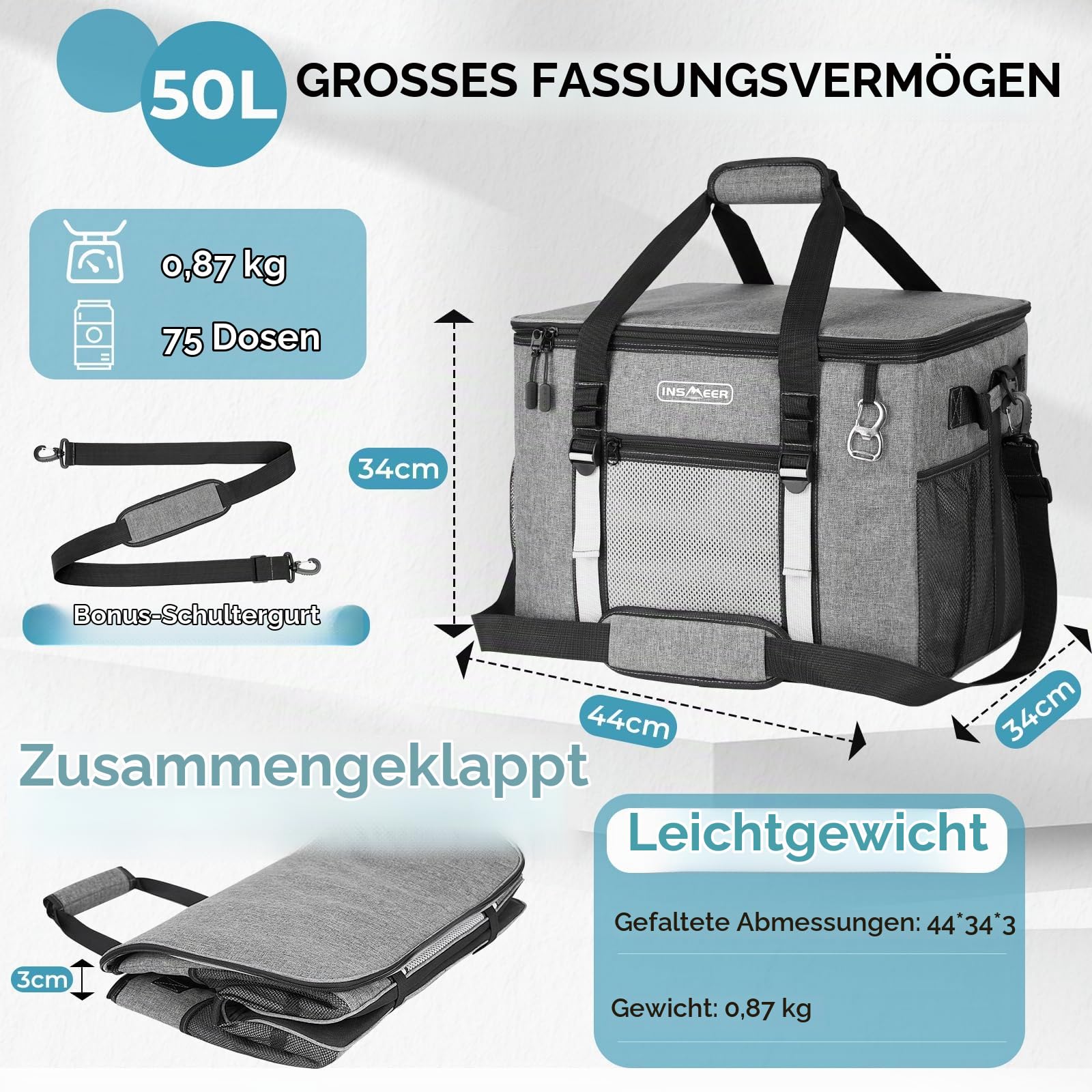 INSMEER Kühltasche Groß 50 l, Kühltaschen Faltbar für 80 Dosen, Faltbare/Auslaufsicher mit Öffner, Picknicktasche/Kühlbox Gross für Camping, Strand, Picknick, Familienausflüge für 4 Personen