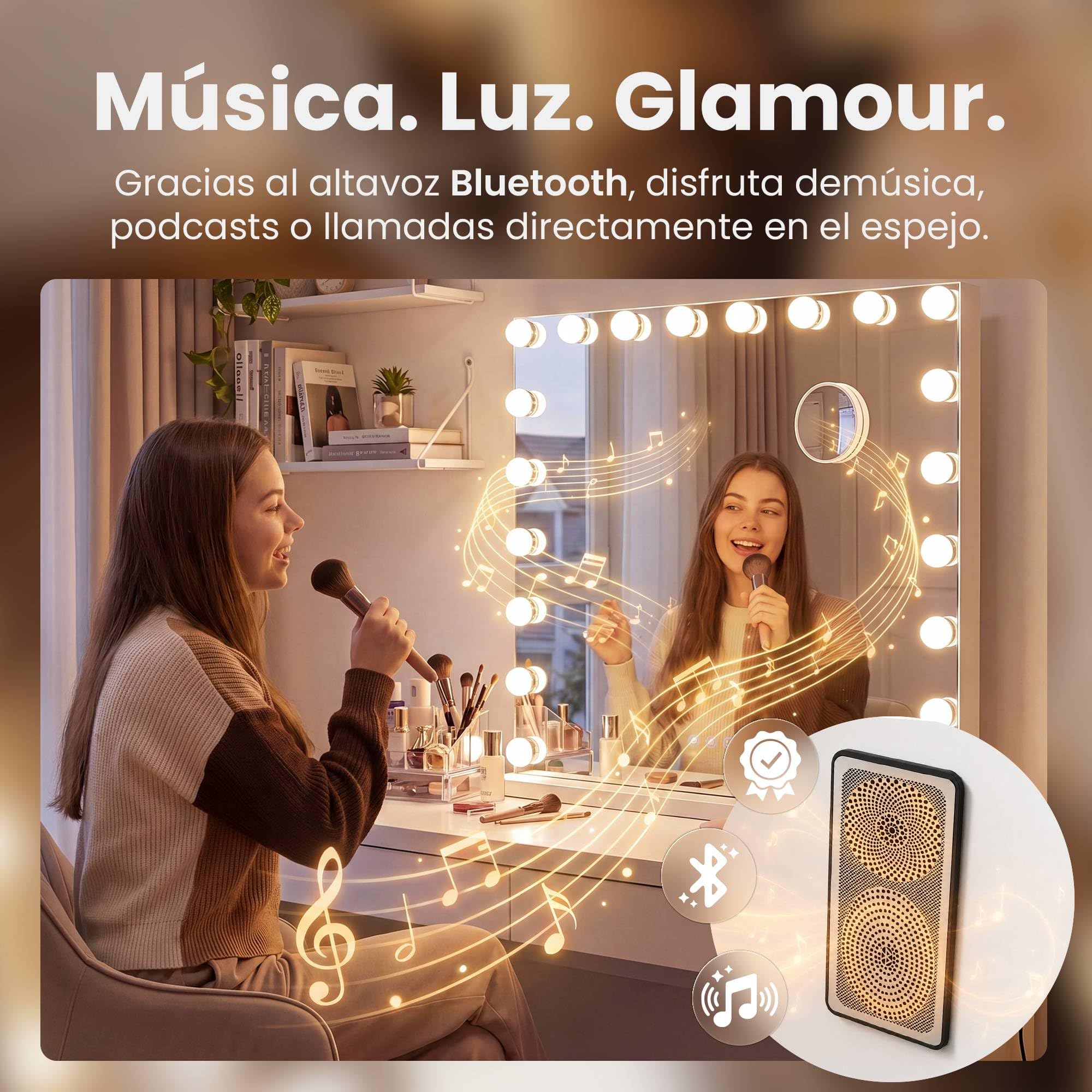 CLP Espejo de Maquillaje con Iluminación 80x60 cm Norlina, Altavoz Bluetooth, USB, Estilo Hollywood, Montaje en Pared o de Pie, Color:Blanco, Contenido del Set:con Bluetooth