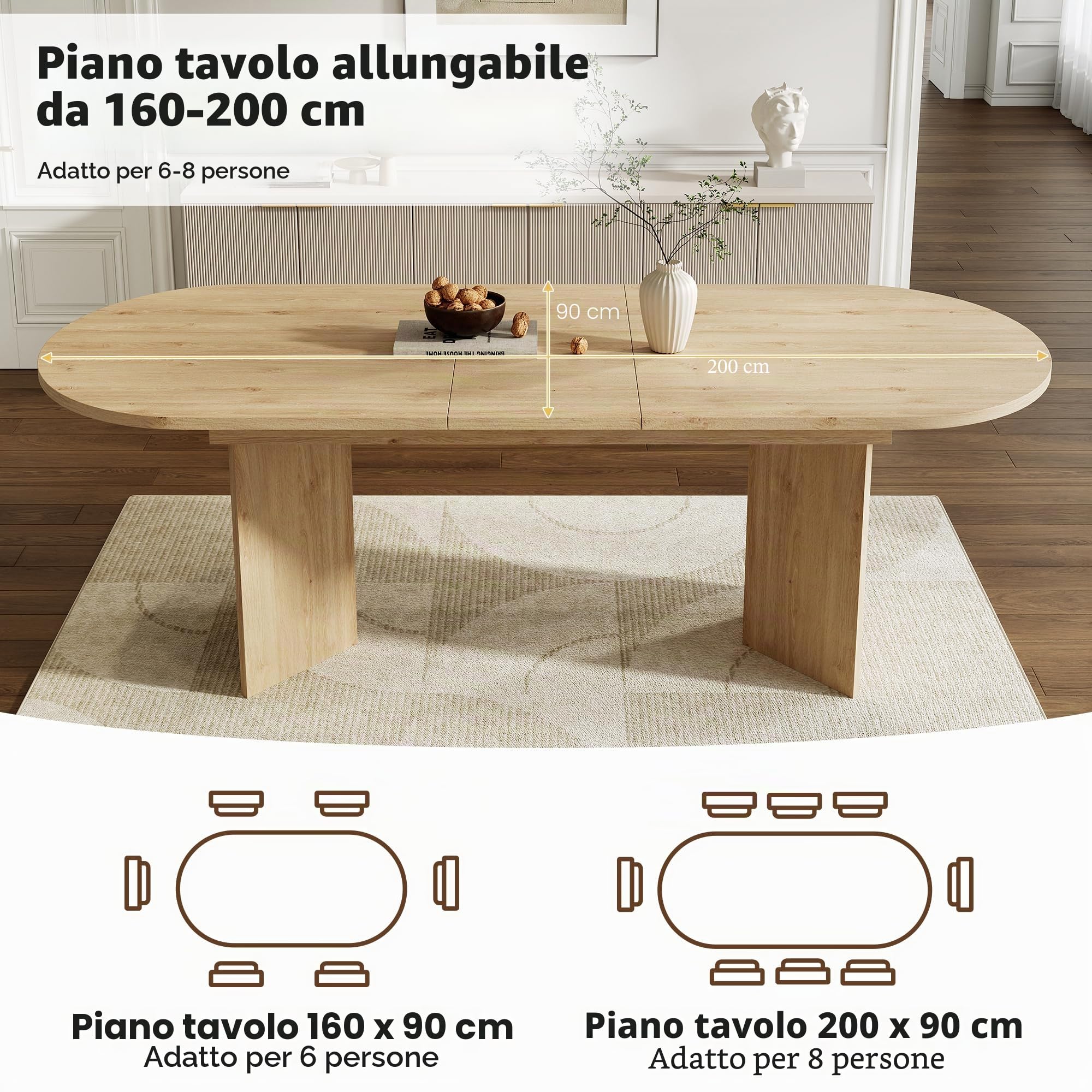 Tavolo da pranzo allungabile ovale, 160/200 * 90 cm, Tavolo allungabile moderno angoli arrotondati, stile semplice, piano del tavolo ispessito, tavolo da cucina per 6-8 persone, colore rovere
