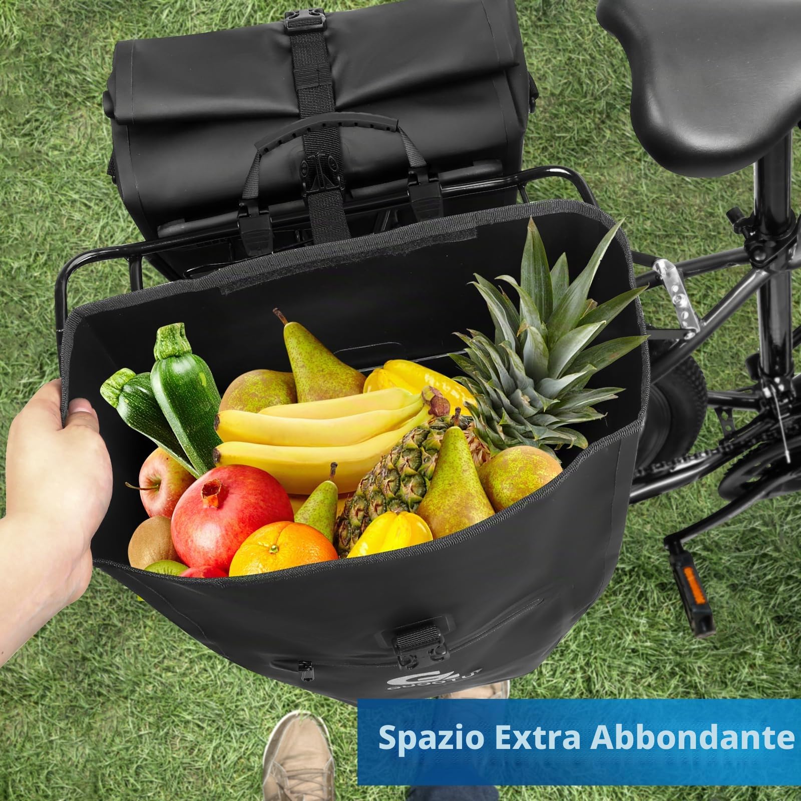 GUOOTU Set di 2 borse da bicicletta per portapacchi da 48 l, in Tarpaulin posteriore, con riflettori, con maniglia e tracolla (nero, 24 l, set da 2)
