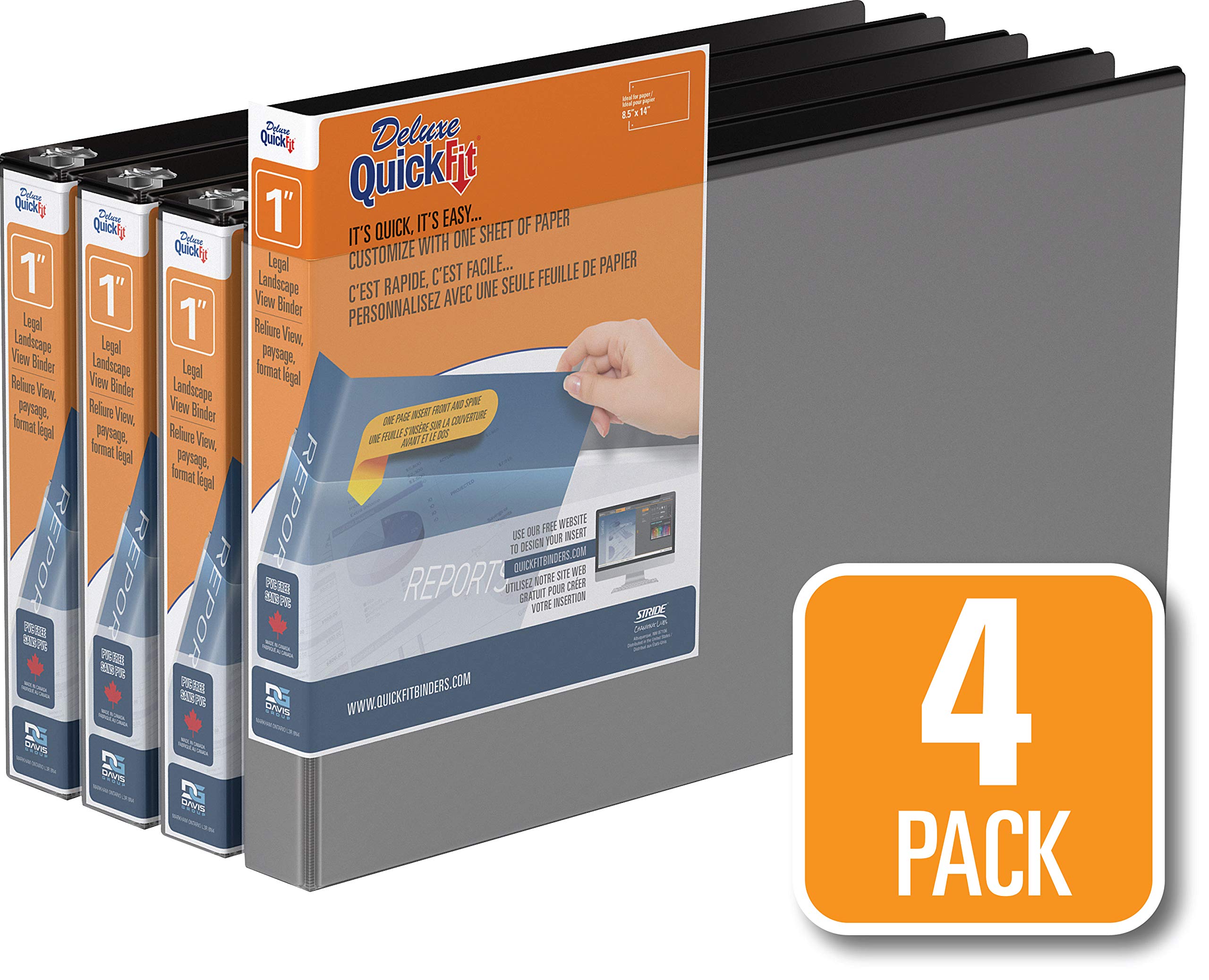 QuickFit Heavy-Duty 8.5" x 14" Landscape Legal Binder, 3-Ring Binder, Round Ring, Black, 4 Pack, 1 Inch