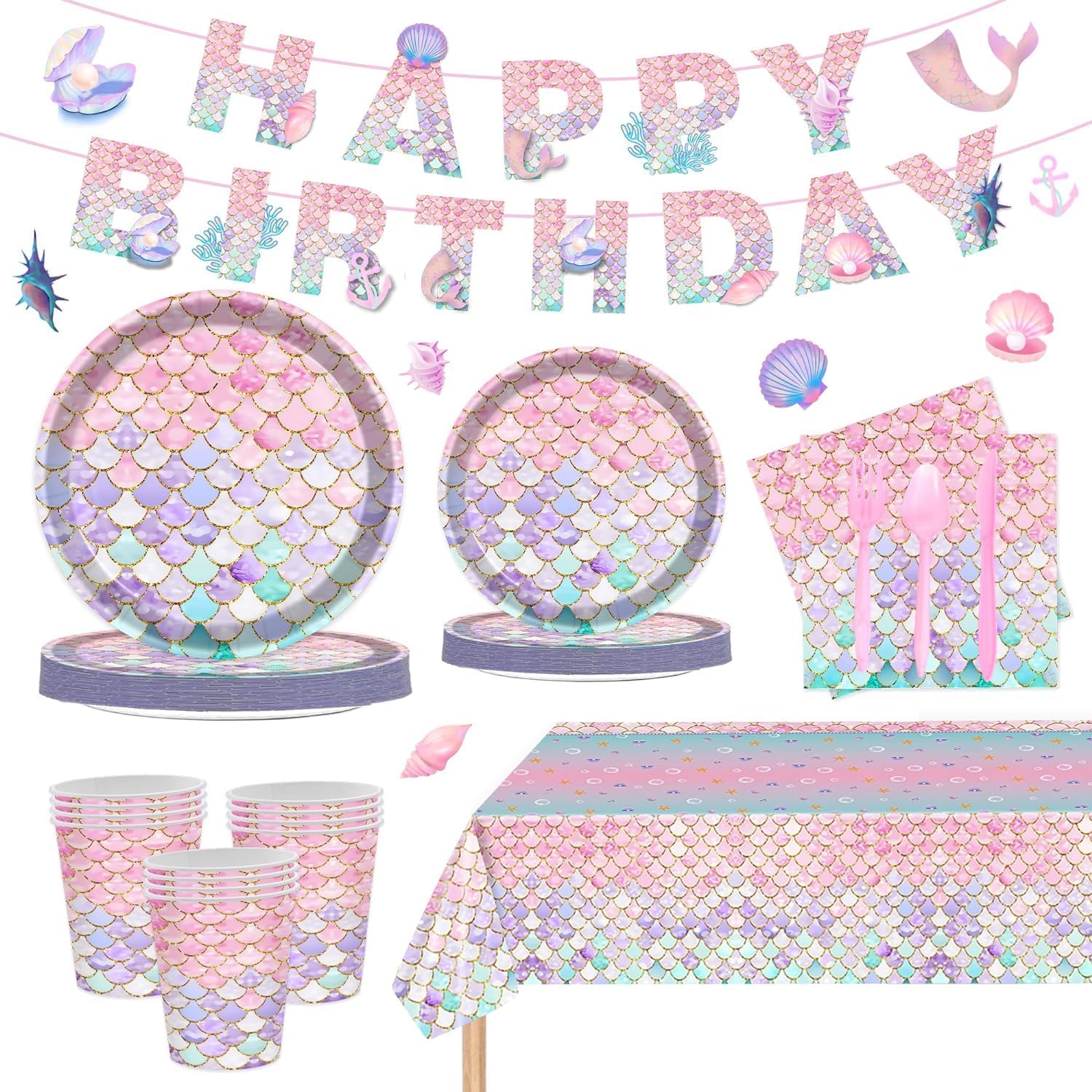 Mermaid Birthday Party Supplies,Under the Sea Party Tableware Set with Banner,Plates,Cutlery,Napkins for Birthday Decorations Mermaid Party Decorations