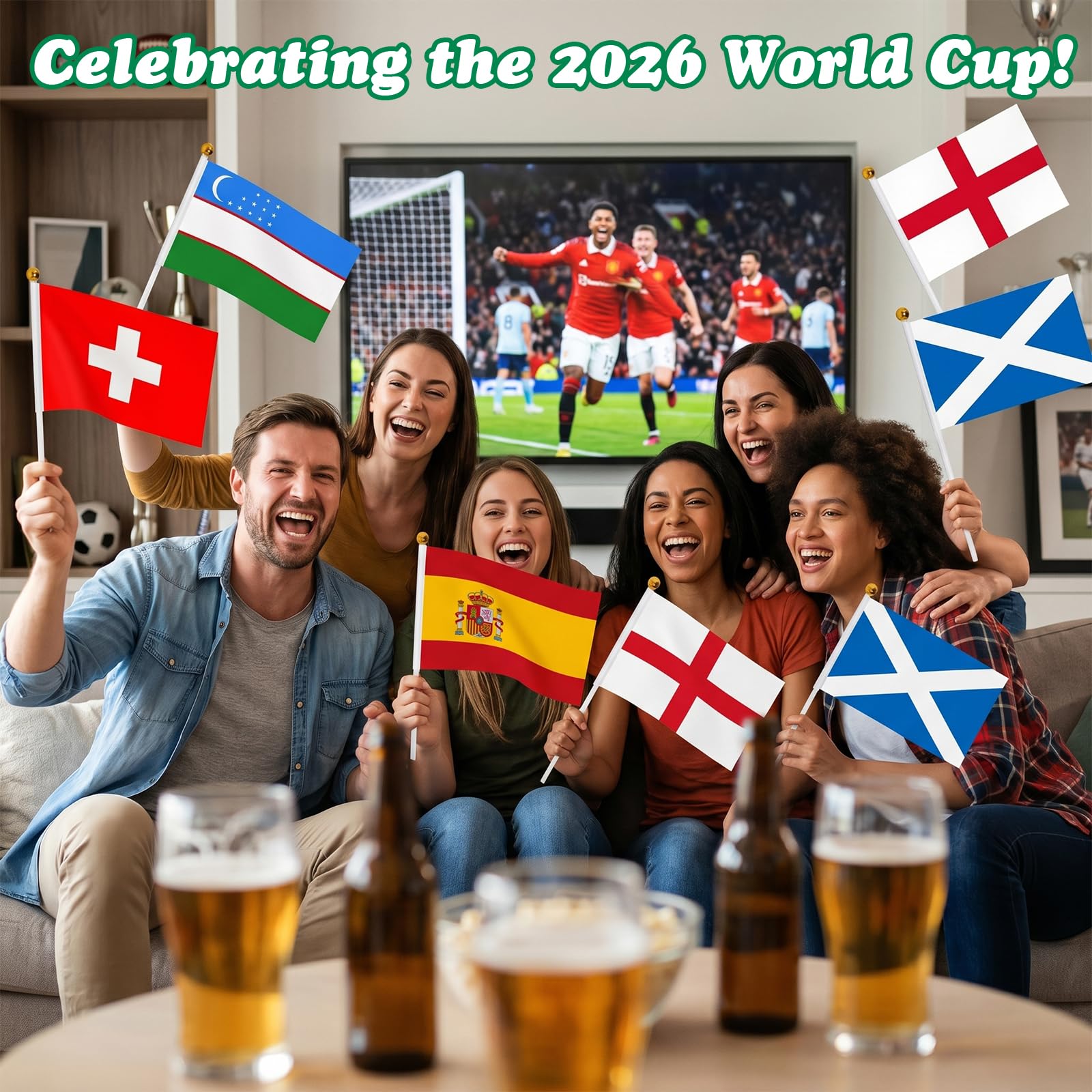 48 Paesi Bandierine a Mano Coppa del Mondo di Calcio, 14×21 cm Bandiere del Mondo con 30 cm Asta, Bandiere Palmari Coppa del Mondo 2026, Decorazioni per Feste di Calcio Eventi