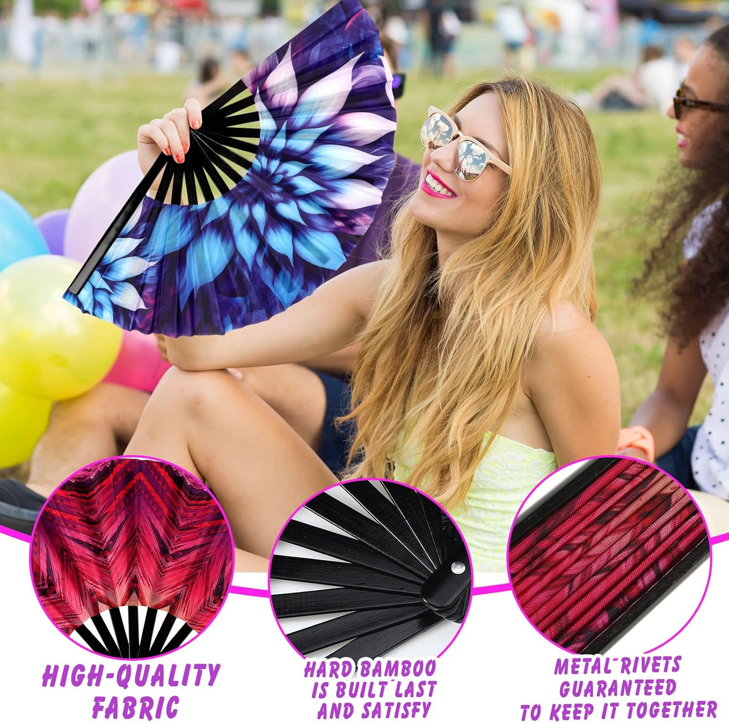 Tradder 10 Pcs Large Rave Hand Fan Folding Fan with Bamboo Ribs for Men Women Chinese Japanese Rainbow Fan with Bags for Drag Queen Dance Music Festival Club Party (Stylish)