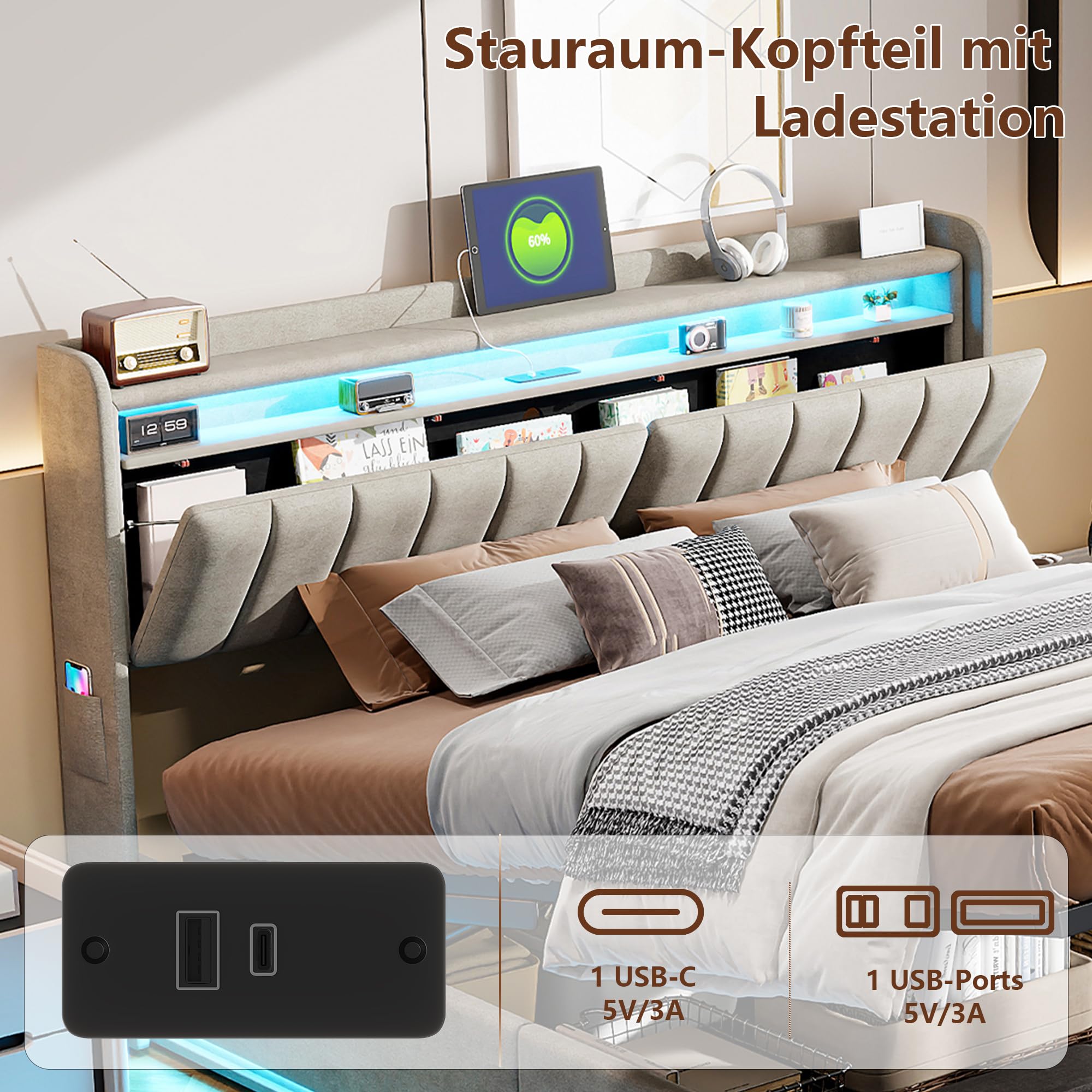 Letto Contenitore Matrimoniale 160x200 cm, Letto con Spazio Idraulico, Testiera Multifunzione con Portaoggetti, Ricarica USB A+C e Luci LED RGB, Velluto, Grigio, Senza materasso