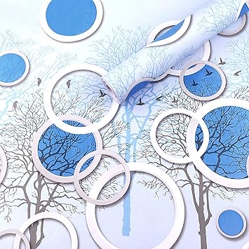 wolpin Wall Stickers DIY Wallpaper (45 x 500 cm) 3D Circles and Trees Self Adhesive Decals Living Room Home Interior Decoration, Blue