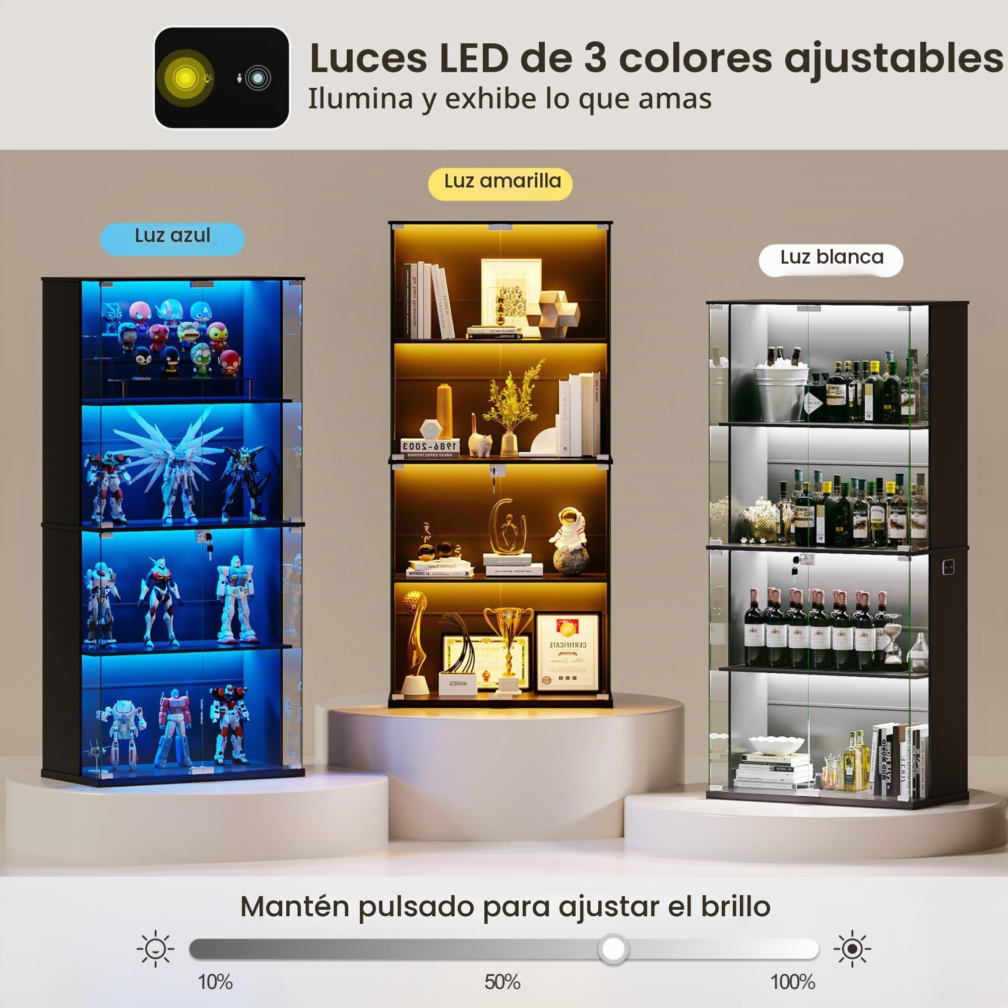 Vitrina expositora con iluminación LED: Puertas de Cristal con Cerradura,vitrinas con sensores Inteligentes,Vitrina Cristal de 4 Niveles para salón,Dormitorio,Oficina o Estudio,Negro