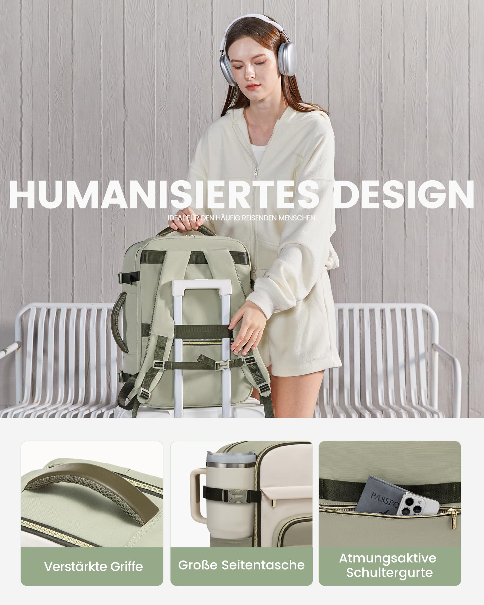 LOVEVOOK Rucksack Handgepäck Flugzeug, 40L Groß Reiserucksack Damen, Wasserdicht Travel Backpack für 17 Zoll Laptop, Kofferrucksack für Reise Arbeit Geschäftsreise Business Weekender, Olivgrün