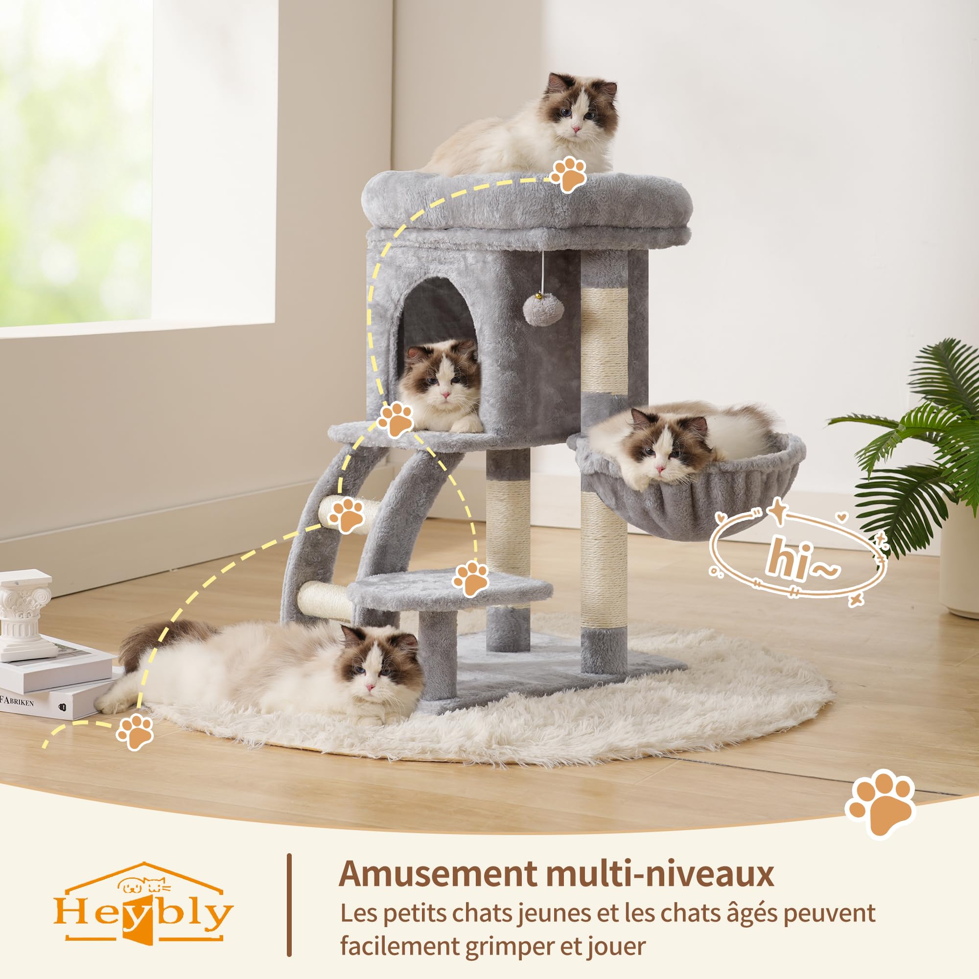 Heybly Arbre à Chat, Petit Griffoir pour Chat de 75 cm de Hauteur avec Plateforme Supérieure, Tanière, Hamac, Échelle d'escalade, Jouets Félins, Meuble pour Chats, Gris Clair HCT009SW
