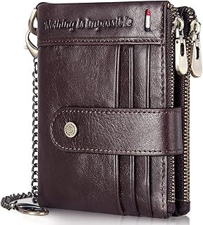 Mens Wallet RFID Blocking Soft Genuine Leather Gents Wallet with Chain, Double Zipper Men Leather Wallets with Coin Pocket Slim Purse Mens Bifold Wallets
