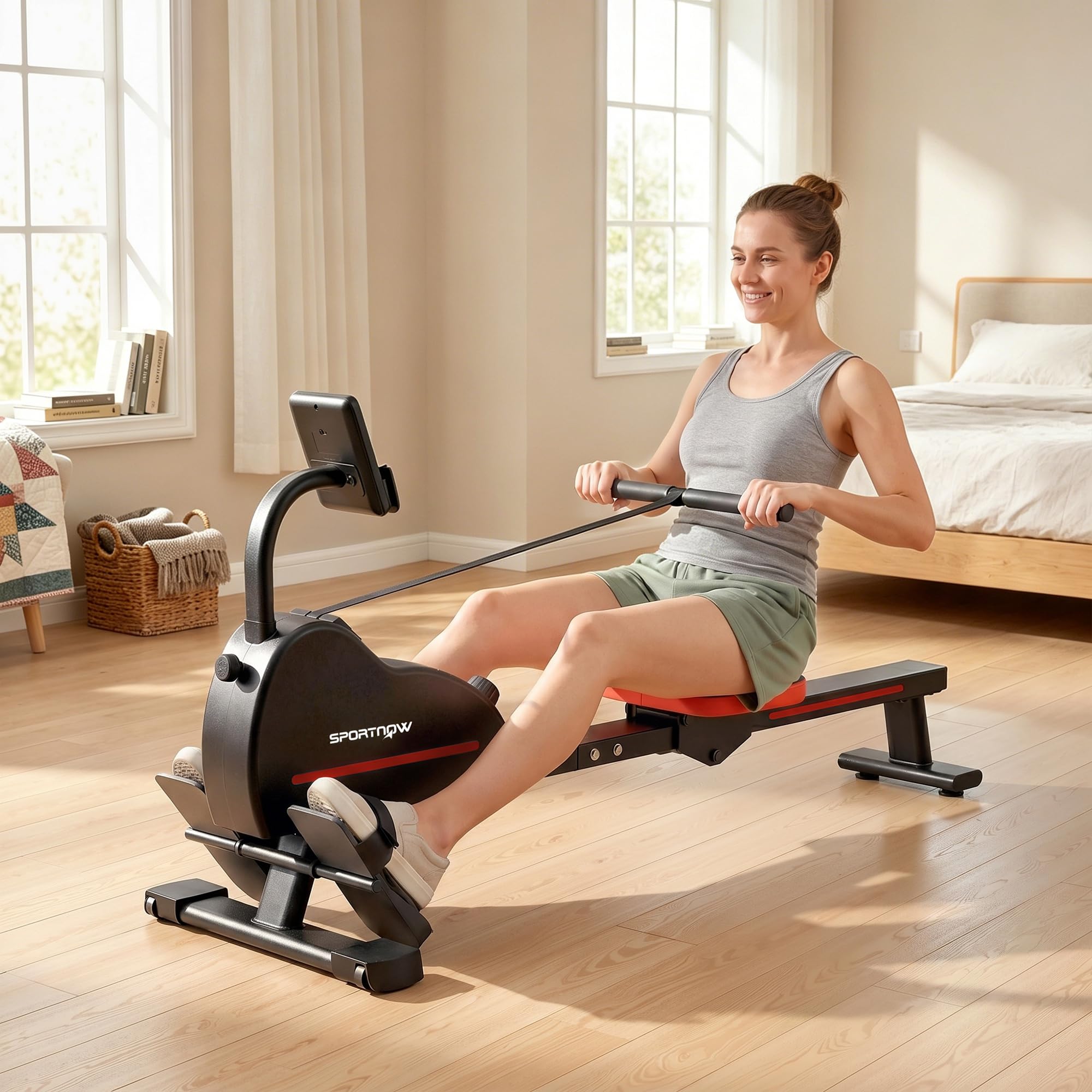 SPORTNOW Rameur Magnétique avec Bluetooth Appareil de Musculation Connecté Kinomap & Zwift - 16 Niveaux de Résistance - Rameur Silencieux avec Écran LCD pour Sport à la Maison et Perte de Poids, Rouge