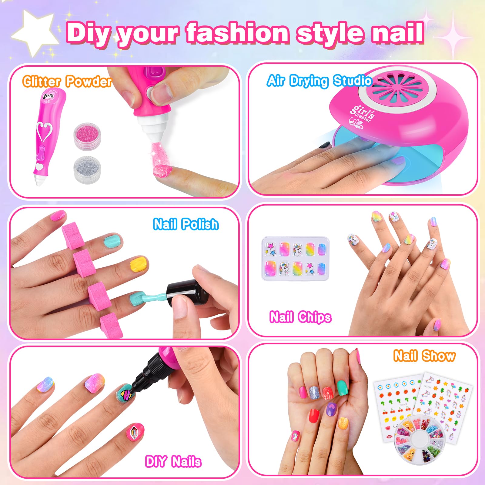 Herenear Set Manicura Niñas, Esmalte de Uñas Secador de Uñas, Juguetes Kit Uñas Niñas, Pegatinas de Uñas Juego Cumpleaños Regalo para Niños Niñas 5 6 7 8 9 10 11 12 Años