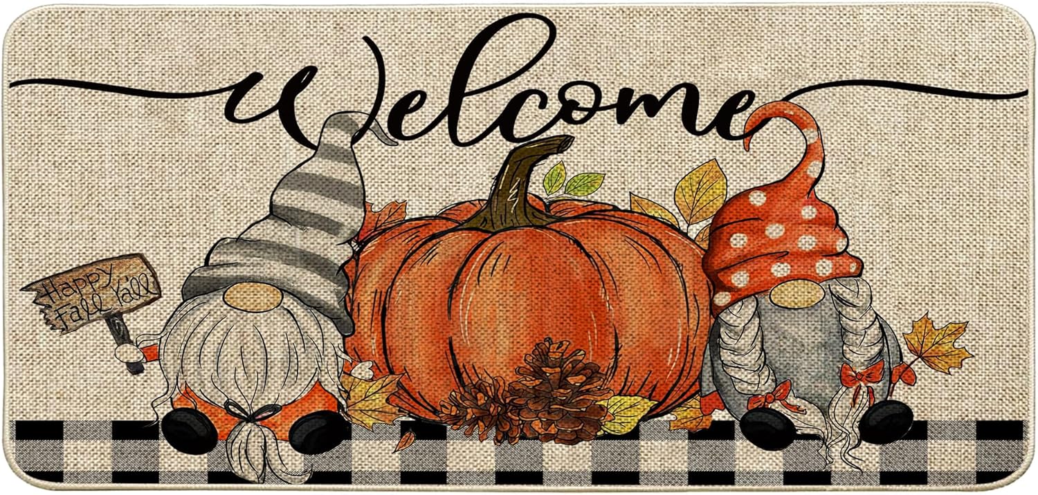 Baccessor Fall Pumpkin Welcome Doormat Rug Indoor Outdoor Autumn Thanksgiving Gnomes Decorative Front Door Mat Non Slip Rubber Backing Seasonal Kitchen Floor Entrance Decoration 17 x 36 Inch