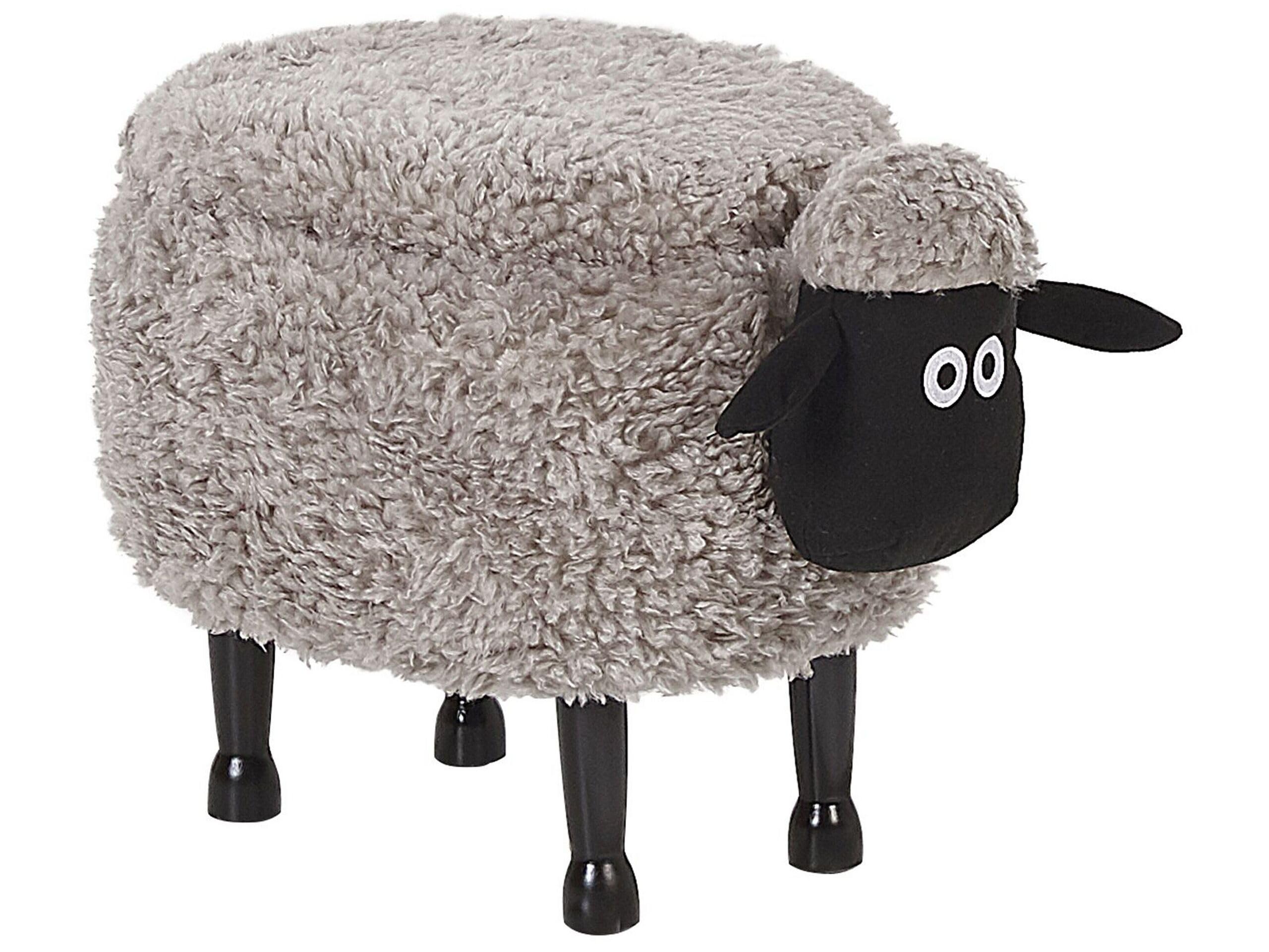 Beliani Pouf Tabouret pour Enfant en Forme de Mouton en Tissu Gris et Pieds Bois avec Coffre de Rangement