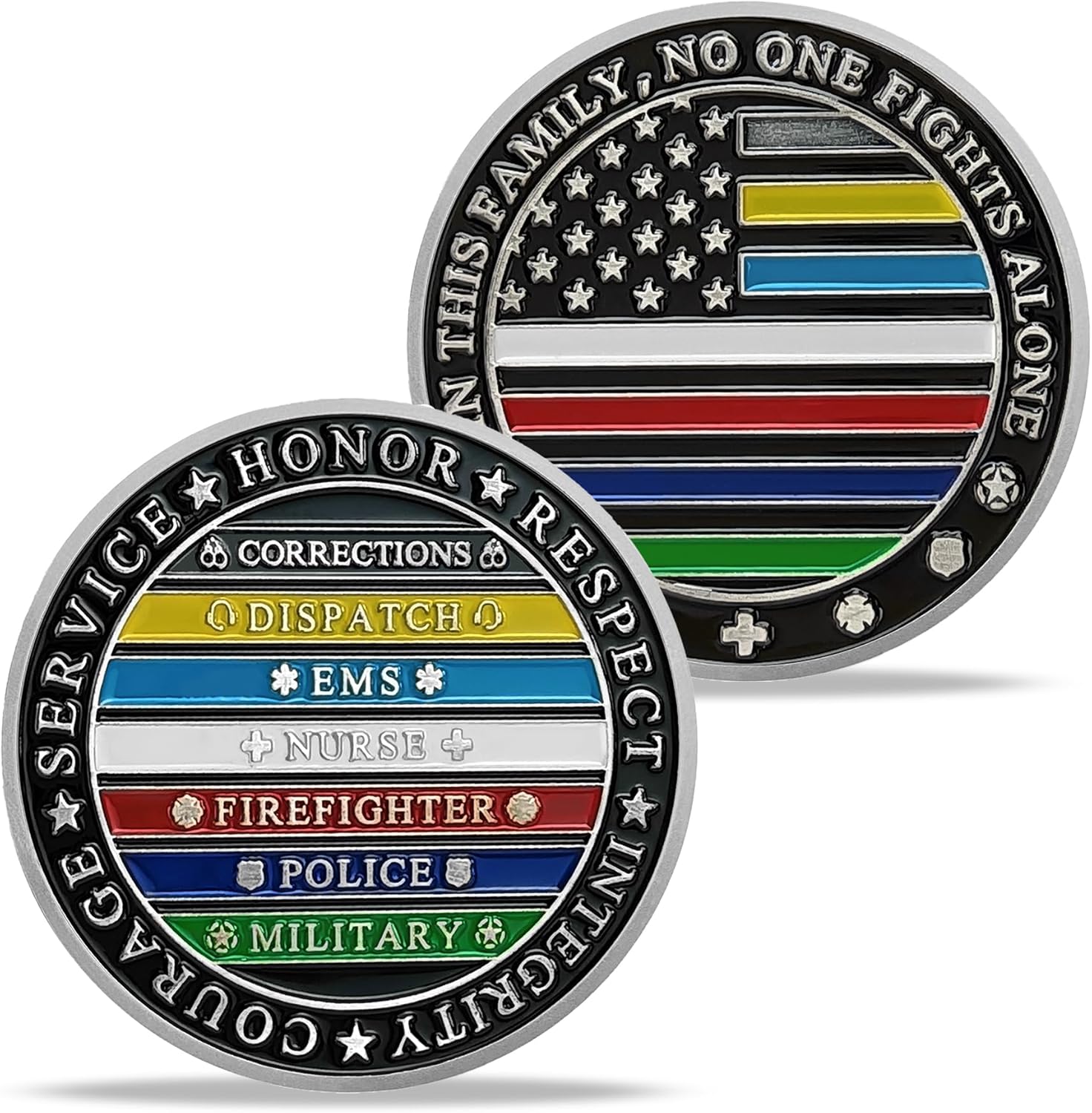 5 Pack Thin Multi Line Challenge Coin, Police Challenge Coins No One Fights Alone Challenge Coin Respect to EMS Firefighter Nurse Police Military Hero