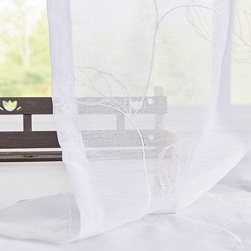 Miniatura 4 de Topick Cenefa transparente blanca con diseño bordado de hojas, bolsillo para barra, dormitorio, sala de estar, cenefas de ventana, 1 panel de 18