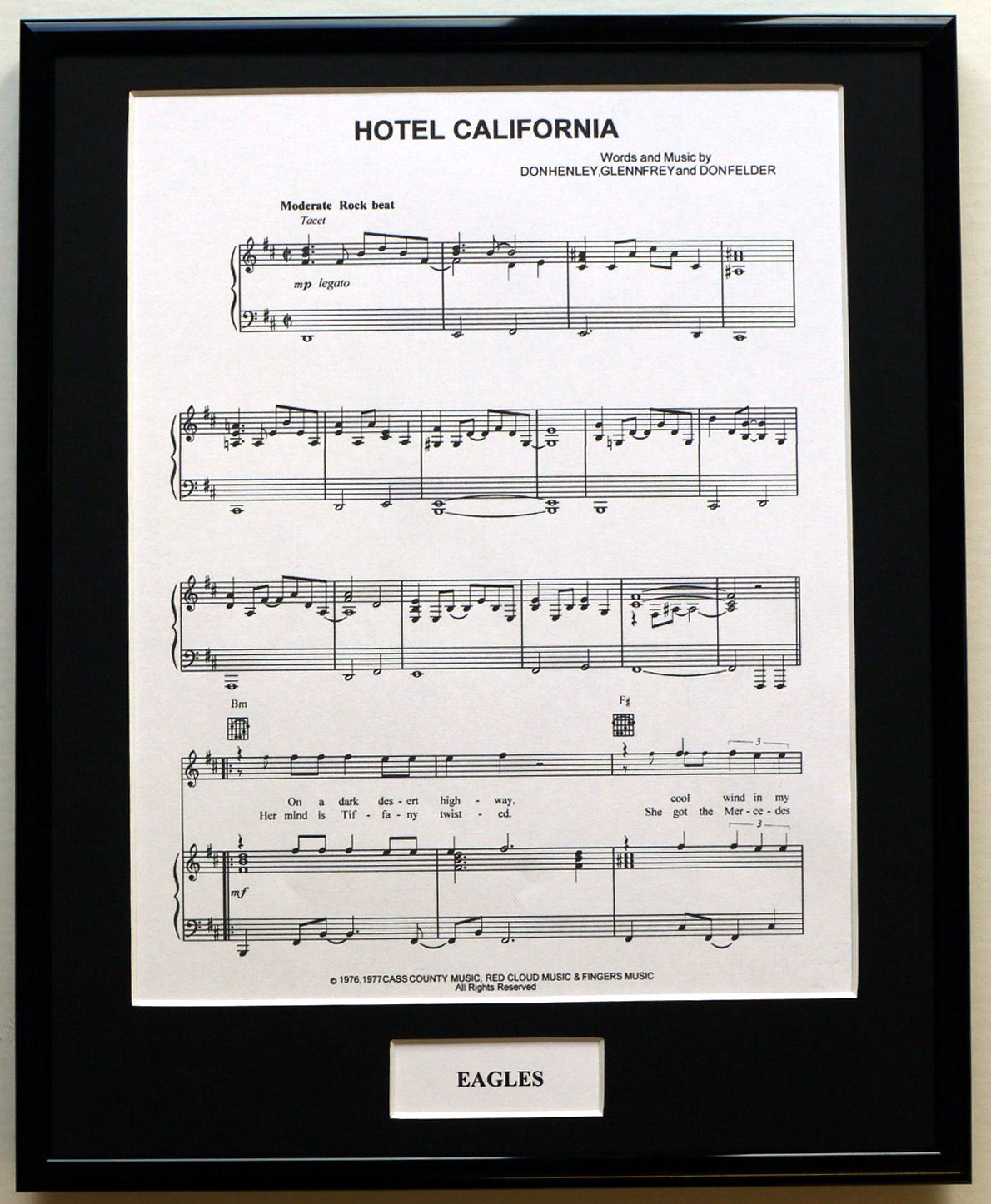 EAGLES/ FRAMED SONGSHEET/HOTEL CALIFORNIA (Can be personalised)