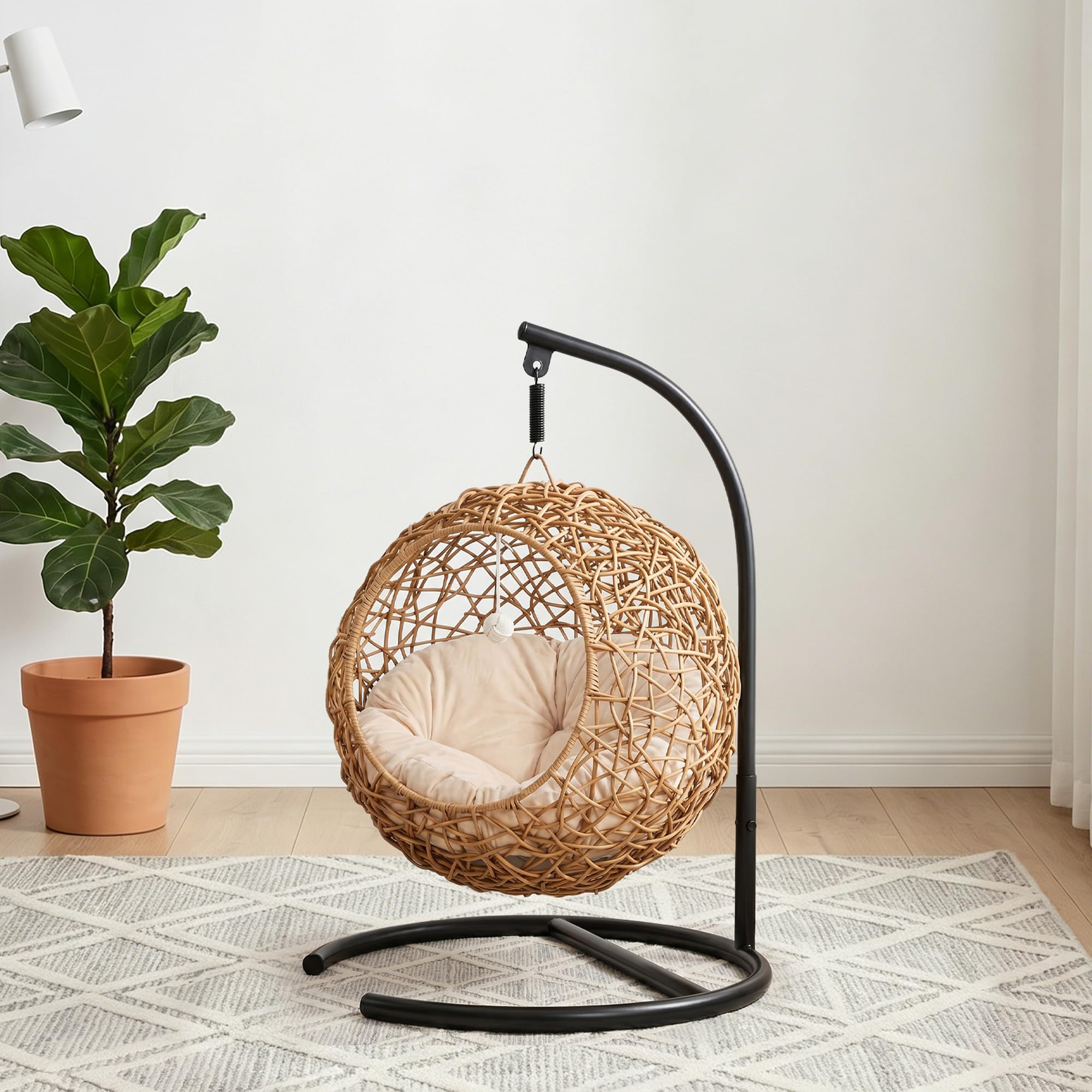 PawHut Cama para gatos de ratán con cojín lavable y pelota de juego, cesta colgante con estructura, casa para gatos de hasta 10 kg, 45 x 41 x 75 cm, marrón claro
