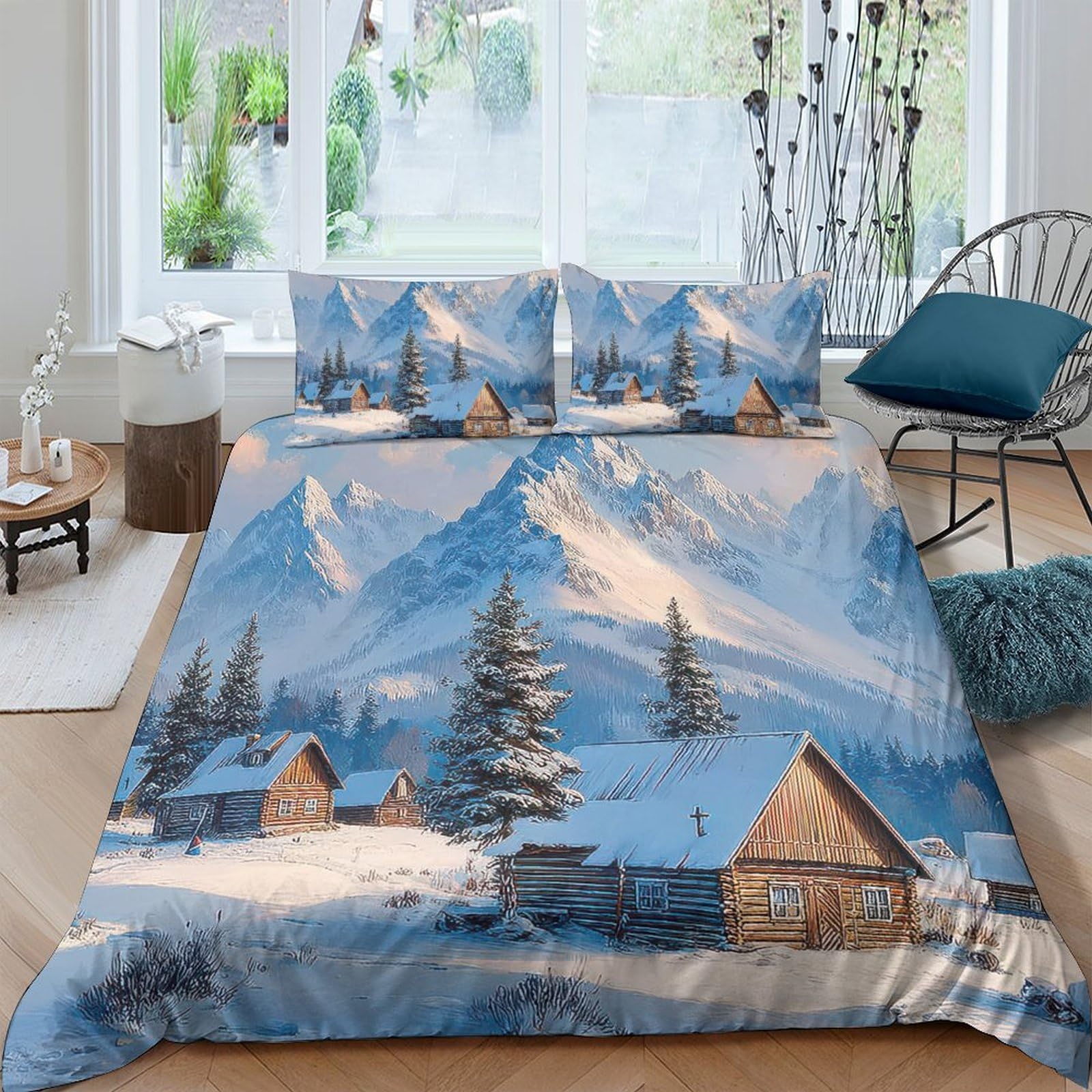 Ctjqhvkz Style-5 3D Printed Snow Mountain Cabin Fitted Sheet Microfiber Anti-Slip Winter Landscape Mattress Cover For Bedroom Guest Room Easy Care Single（135X200cm）