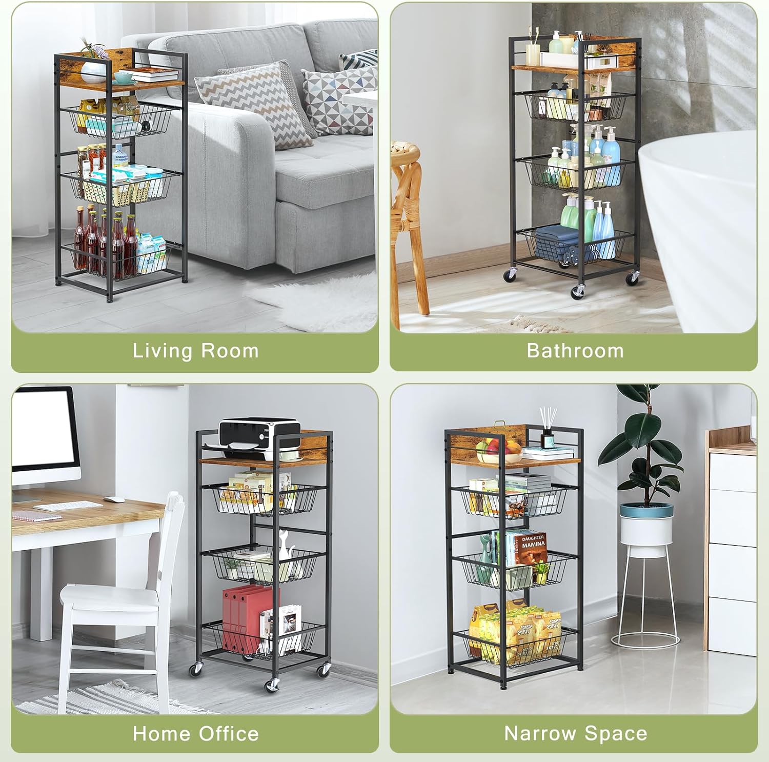 Shinoske 4-Tier Fruit Basket for Kitchen Rolling Storage Cart on Wheels with Pull-Out Baskets and Wooden Top for Living Room,Bathroom,Pantry,Corner,Rustic Brown