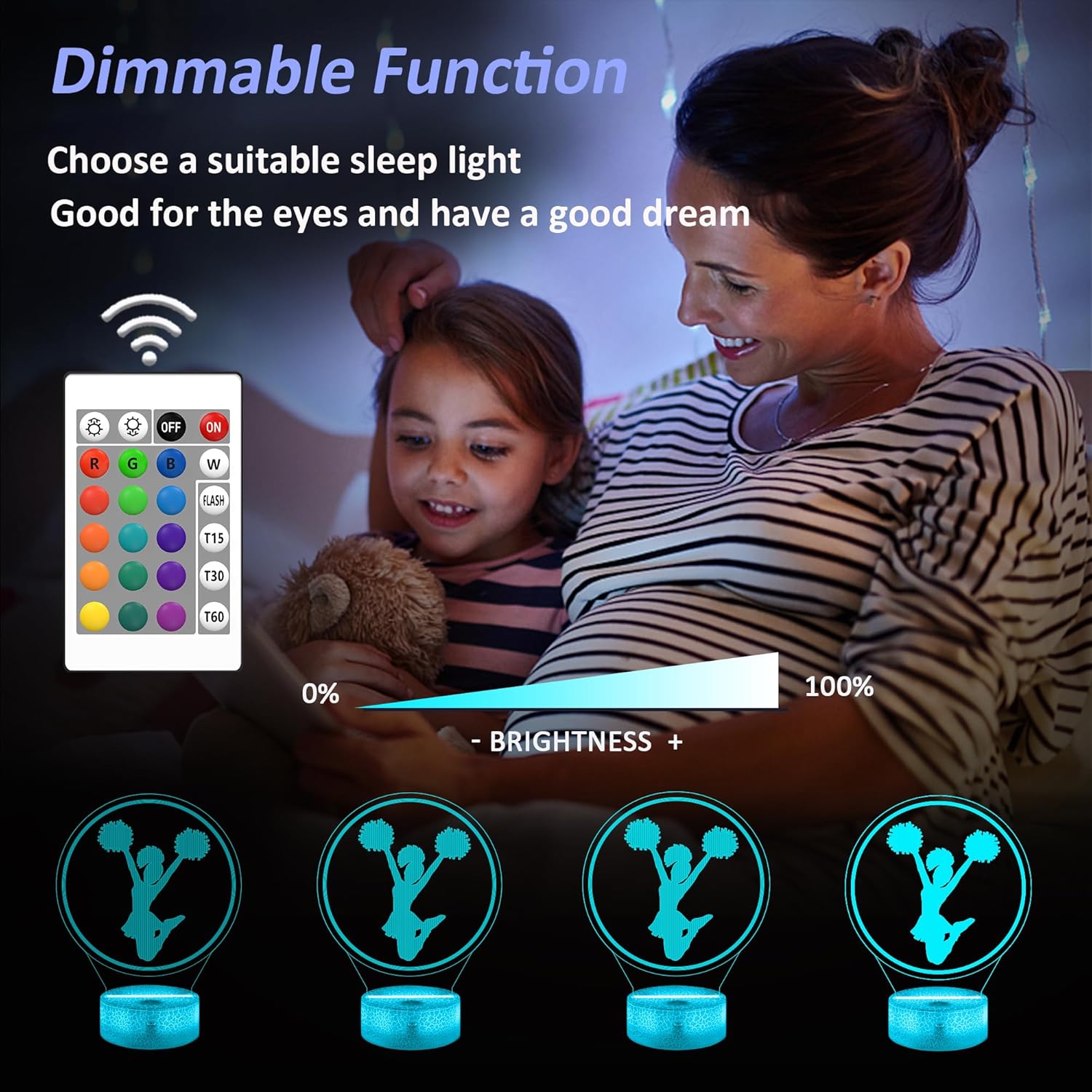 Cheerleader Accessories, Pack of 2, 3D Cheerleader Night Light with 16 RGB Colors Remote Control Timer Dimmer + 14 OZ Tritan BPA-Free Light Up Kids Sport Water Bottle, Girs Birthday Gifts