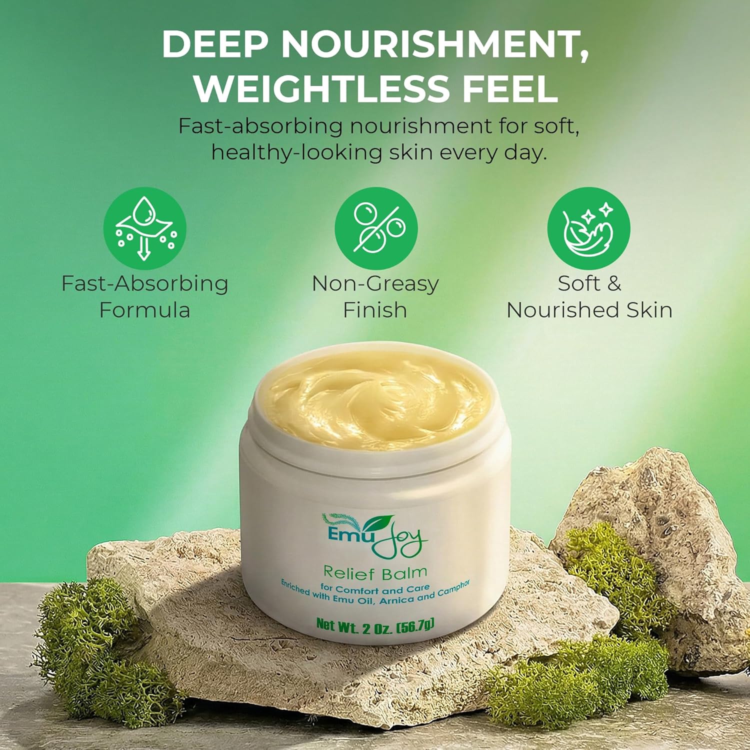 Emu Joy Relief Balm – Botanical Comfort Balm for Joints & Muscles with Emu Oil, Arnica, Calendula & Chamomile – Moisturizing Herbal Balm for Daily Skin Care – Non-Greasy Formula (2 oz)