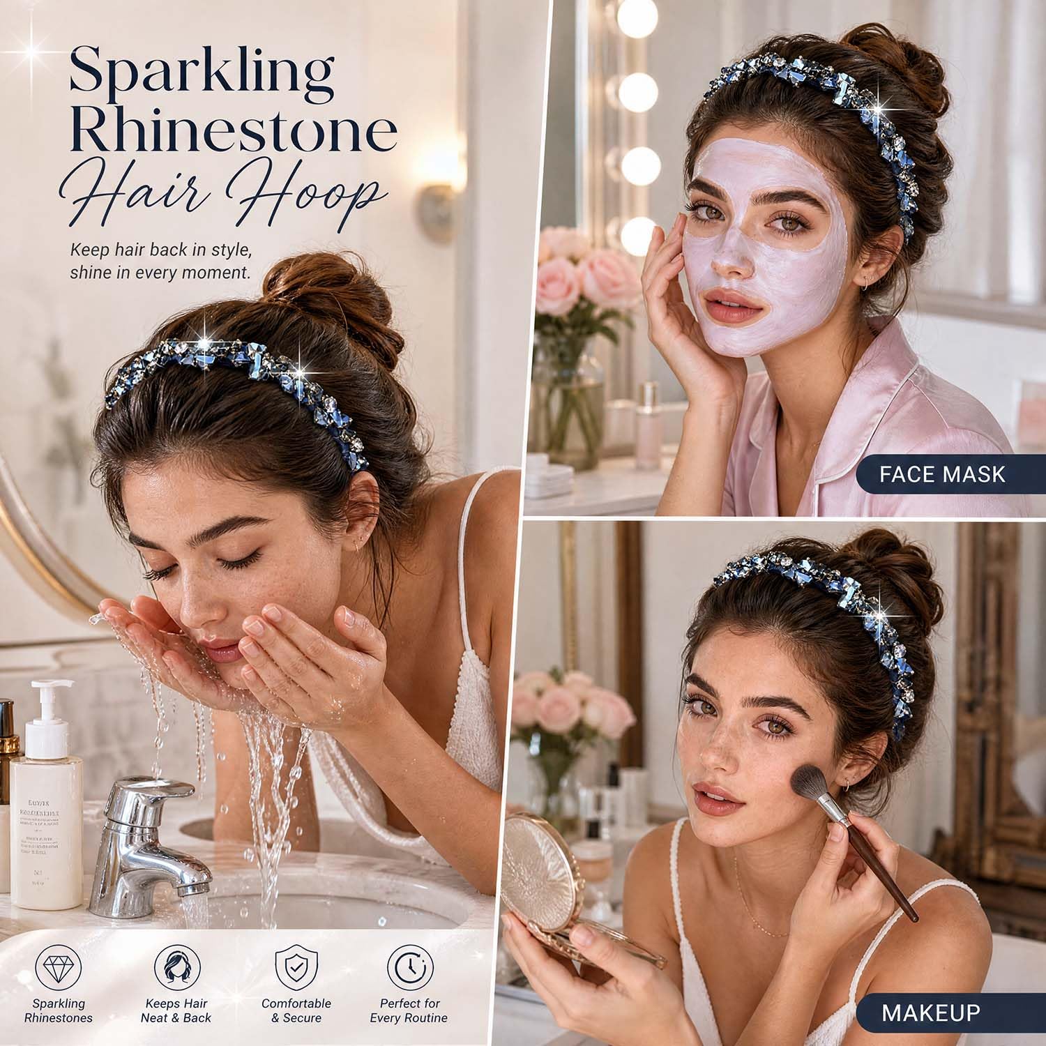 Diademas brillantes con diamantes de imitación para mujer, antideslizantes, accesorios para el cabello (azul, talla única)