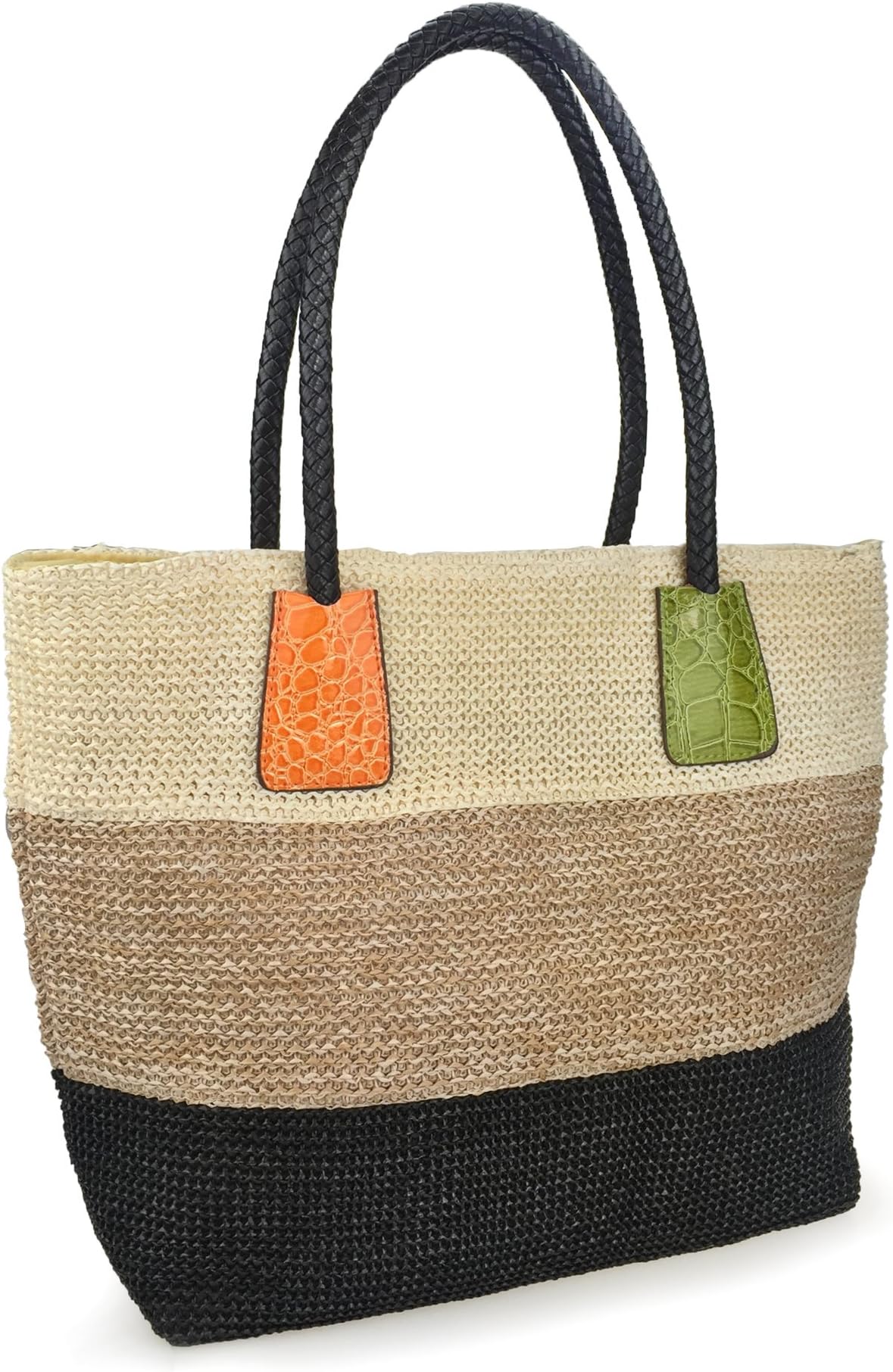 Color Block Crocodile Pattern Stripes Woven Synthetic Straw Tote Womens Shoulder Handbag #Lovewin
