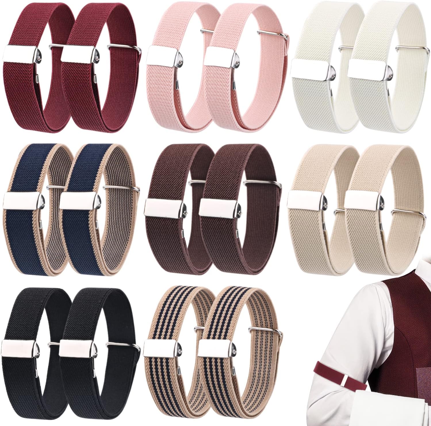 Cositina 16Pcs/8 Pairs Unisex Elastic Armbands Adjustable Shirt Sleeve Holders Anti-Slip Arm Band Shirt Garters Strap for Women&Men - Multicolor, Black, Adjustable