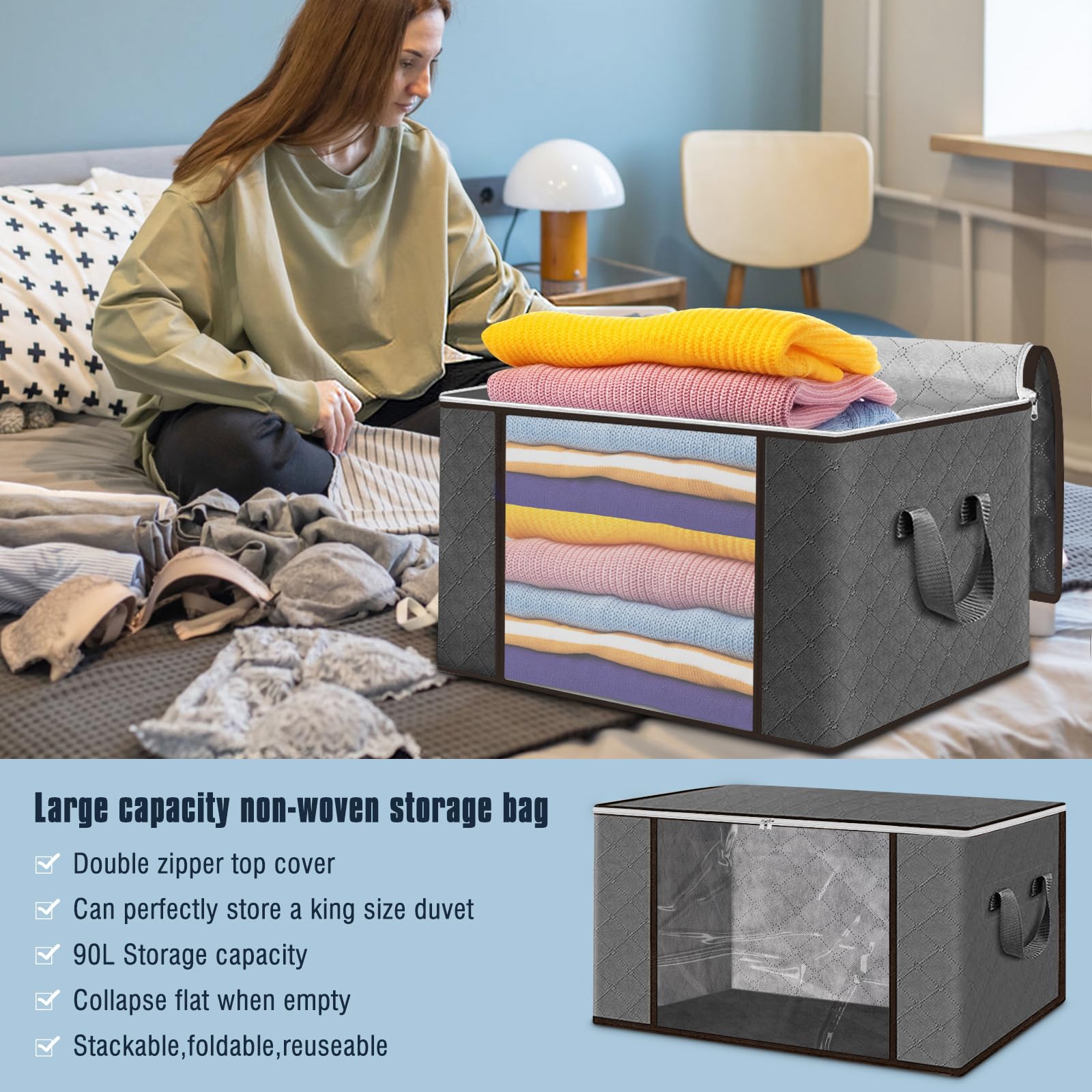 6 Pezzi 90L Scatole per Vestiti, Contenitori per Armadio Salvaspazio Pieghevole con Manico rinforzato Organizer Armadio, contenitori sottoletto per Coperte, Biancheria da Letto, Grigio