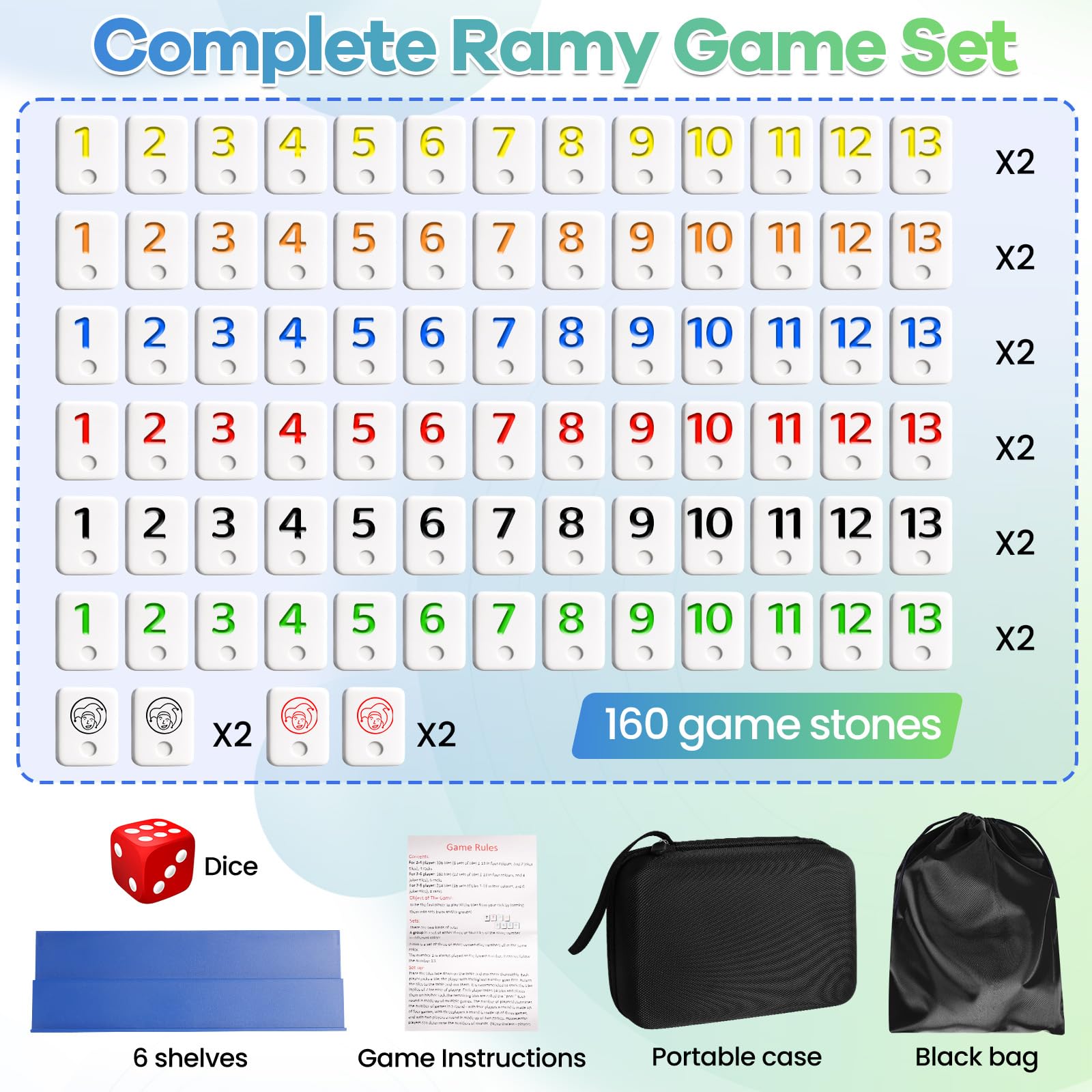 Rummy Cup Original Rummy Juego de viaje con cordón de almacenamiento para adultos, 160 piedras, juego de mesa Rummy Cup para 2-6 jugadores, con 6 soportes de juego, 1 dados juegos de mesa