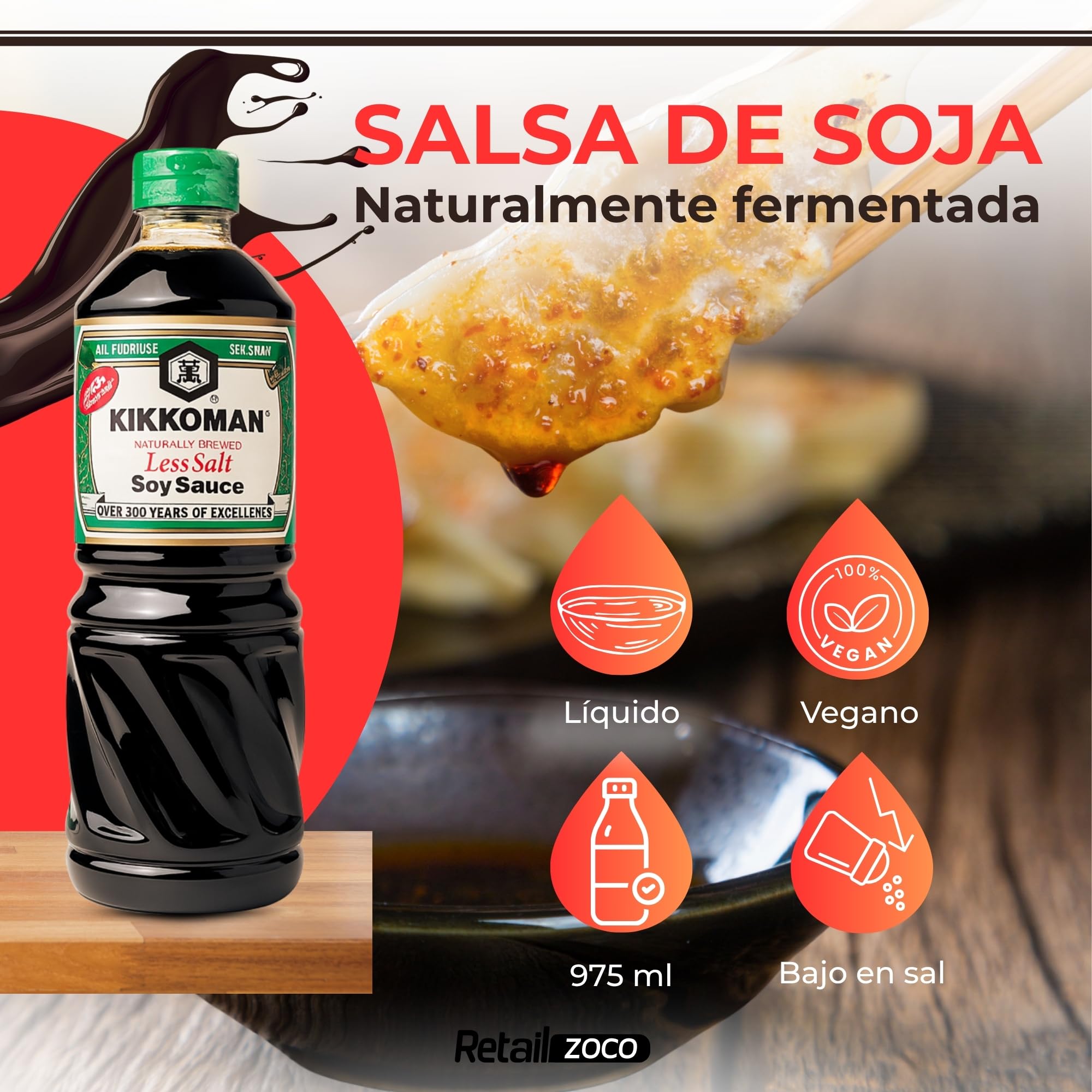 Salsa de Soja baja en sal, Salsa para Sushi, Soja Japonesa, ingredientes son 100% naturales sin aditivos ni conservantes, Para verduras, sopas, guisos, hacer salsas o aliñar las ensaladas, 975 ml