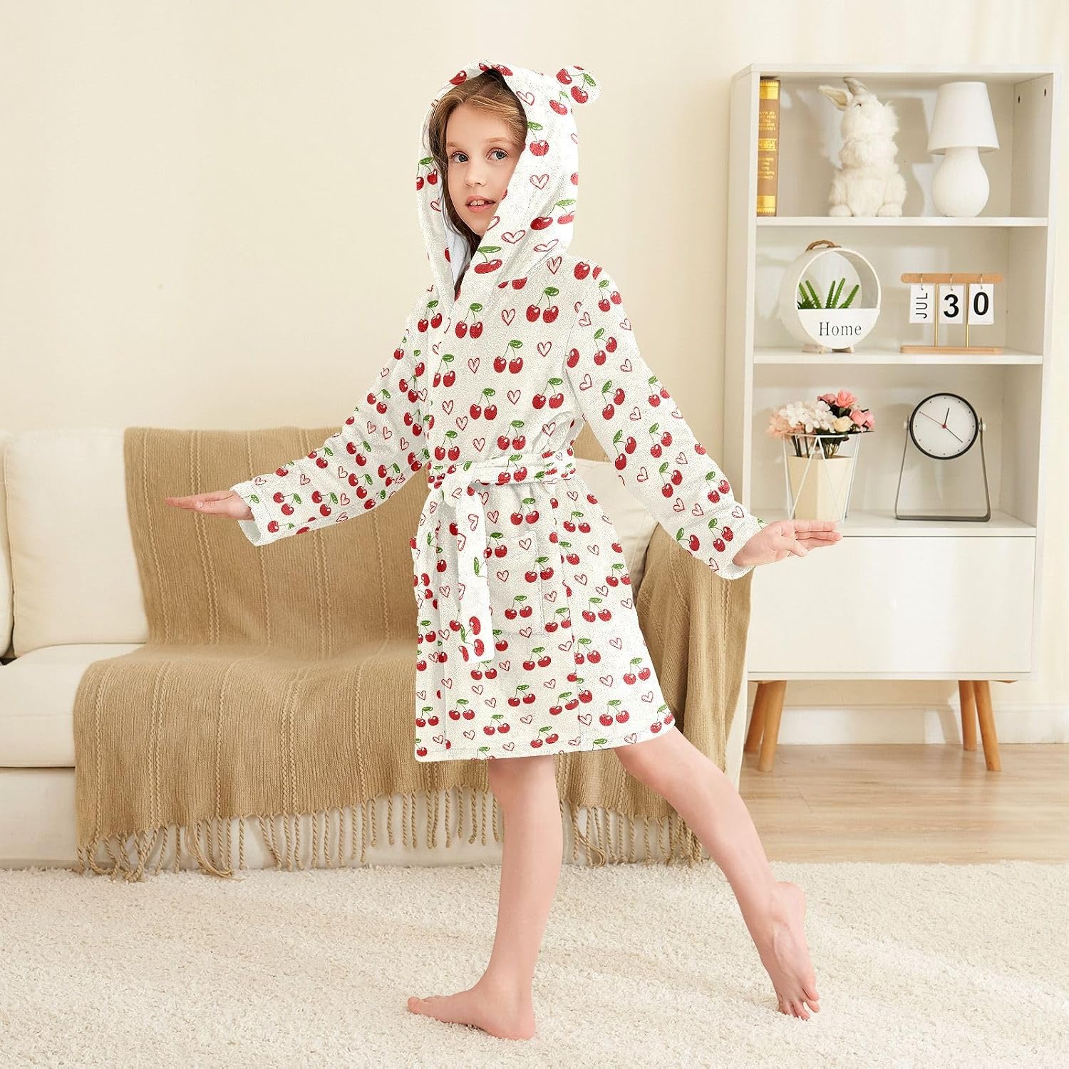 senya Red Cherry Heart Toddler Hooded Bathrobe Kids Soft Plush Bath Towel Robes for Boys Girls 2-12 Years