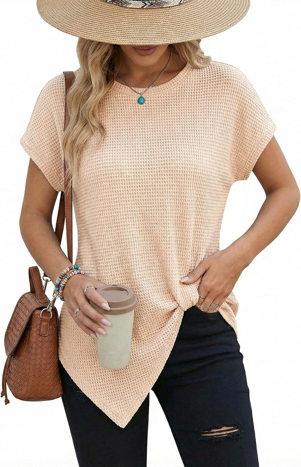 Dokotoo Womens Summer Tops 2026 Crewneck Waffle Knit Cap Sleeve Shirts Casual Loose Twist Knot Tunic Blouses