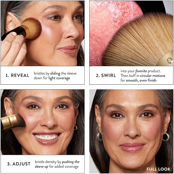 Close-up of the LAURA GELLER NEW YORK 02 Retractable Angled Kabuki Brush, showcasing its dense, vegan bristles.