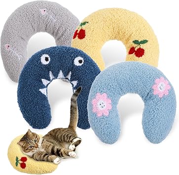 4 Pcs Pillows for Cats Puppy Bed, Soft Fluffy Pet Calming Toy, Half Donut U Shaped Pet Neck Pillow, Training Toy Joint Relief Cervical Protection 4 Patterns