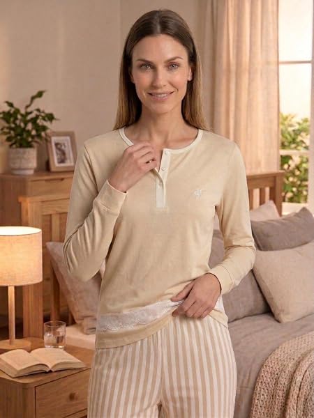 de fonseca Pigiama Donna Cotone Leggero 100% - Ideale per Primavera e Mezze Stagioni - Completo di Maglia con Bottoni Pantalone - 3