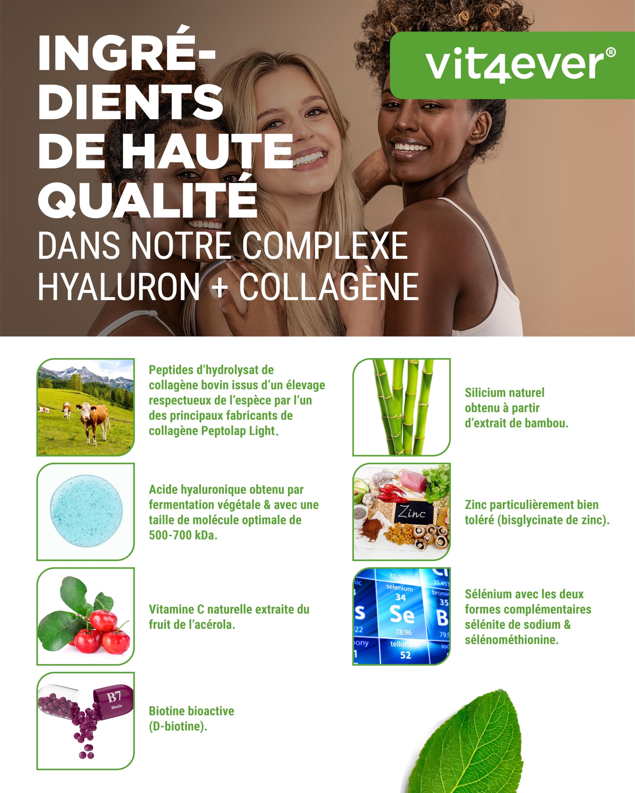 vit4ever Complexe Collagène Acide Hyaluronique - 240 Gélules - Premium: avec de la Biotine Bioactive, du Sélénium, du Zinc, de la Vitamine C Naturelle Issue de l'Acérola et du Silicium Issu du Bambou