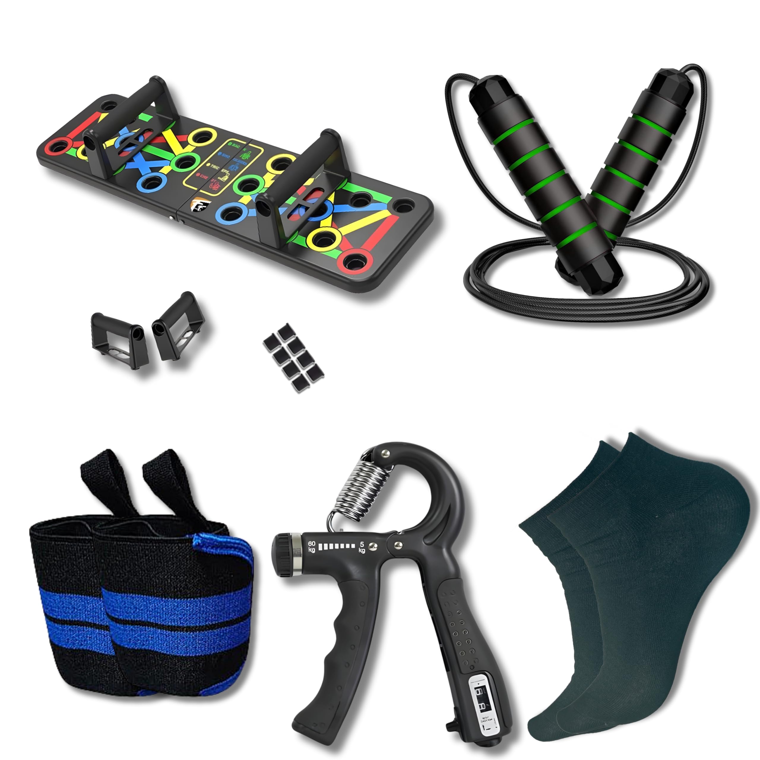 Muscle Banao Pushup Board | Wrist Band | Green Jumping Rope | Hand Gripper | Black Socks | E-Book - Home Fitness Kit for Upper Body Strength, Cardio & Endurance Training-image-9