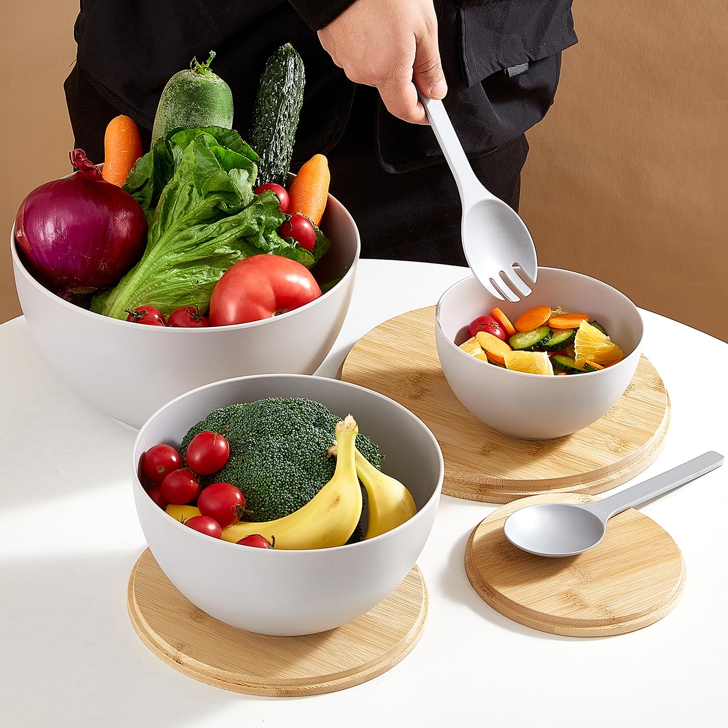 ECOWAY Juego de 3 cuencos de ensalada con tapa y utensilios para servir, juego de cuencos grandes de fibra de bambú para servir y juego de almacenamiento con tapa de bambú para ensalada, cocina,
