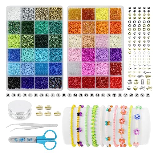 Wiupaw Bracelet Making Kit, 48 Colors 3mm Uniform Glass Seed Beads, 16000pcs Charm Bracelet Making Kit for Making Jewellery and Art Crafts, Friendship Bracelet Beads for Girls Adults