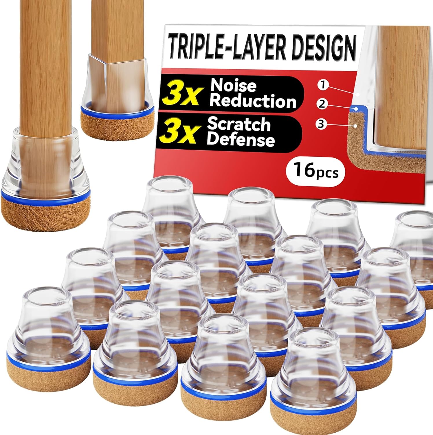 Chair Leg Floor Protectors for Hardwood Floors, Triple-Layer Design Silicone Chair Leg Caps, 3X Noise Reduction & 3X Anti-Scratch, Premium Durable Protectors for Dining Chairs (16pcs Fit 0.6"-0.75")