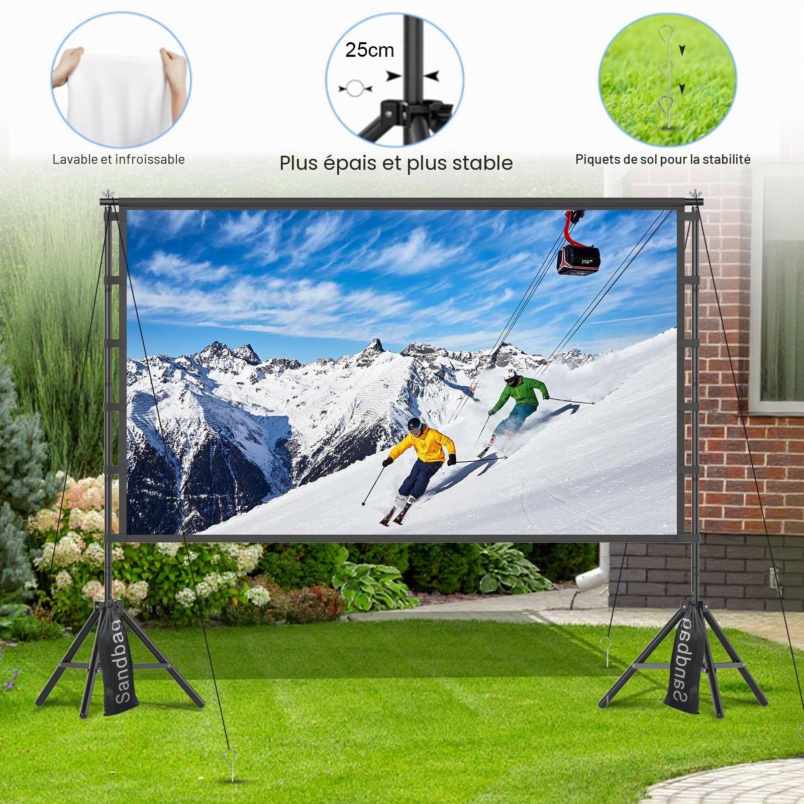 TOWOND Écran de projection 120 pouces avec support, pliable, portable, 16:9 HD, écran de projection extérieur pour home cinéma et jardin, projection avant et arrière, en polyester anti-rides lavable