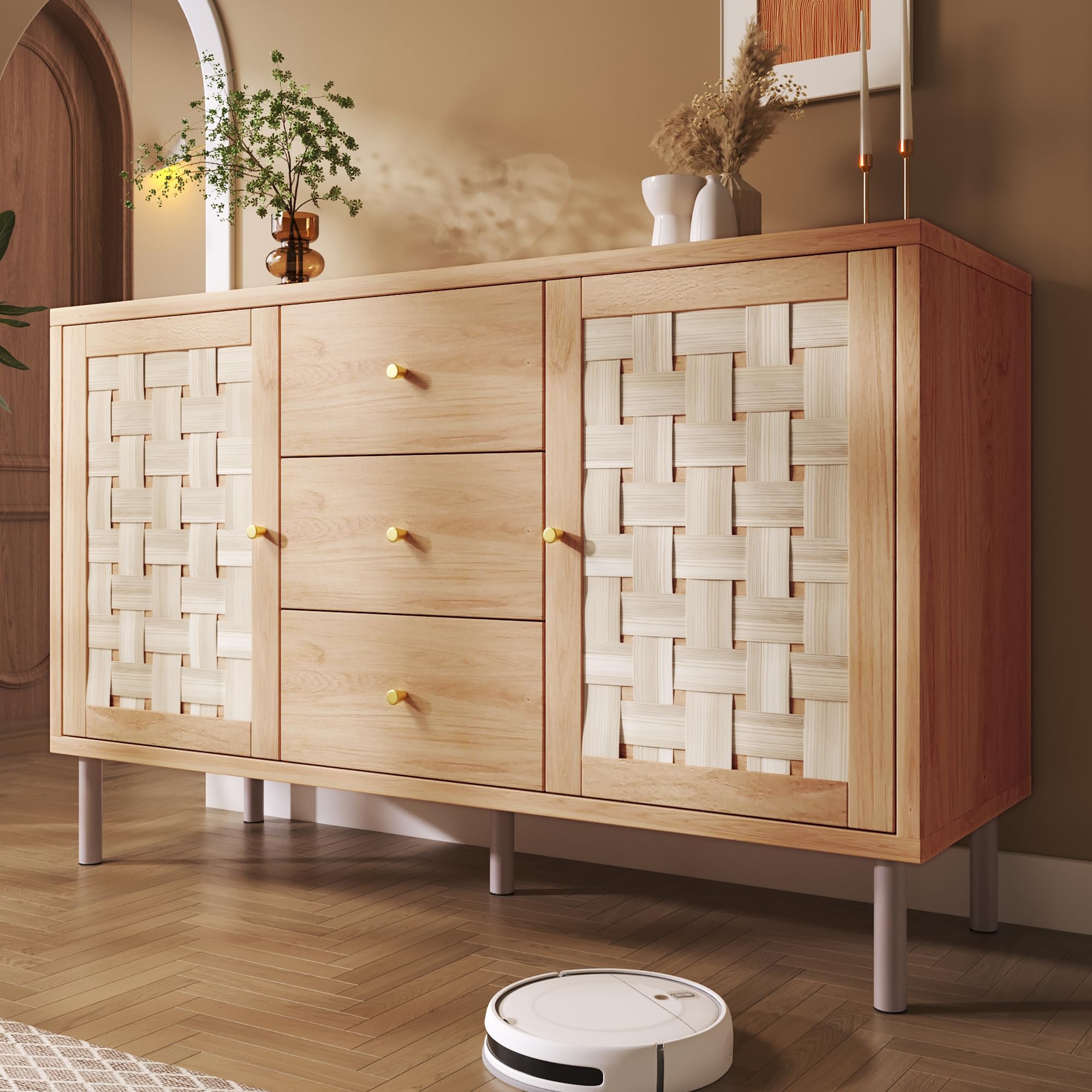 Credenza in stile rustico 120x40x75 cm, color rovere, con 2 ante, 3 cassetti, ripiani regolabili in altezza, gambe in metallo, sistema antiribaltamento, credenza per soggiorno, ingresso, cucina.