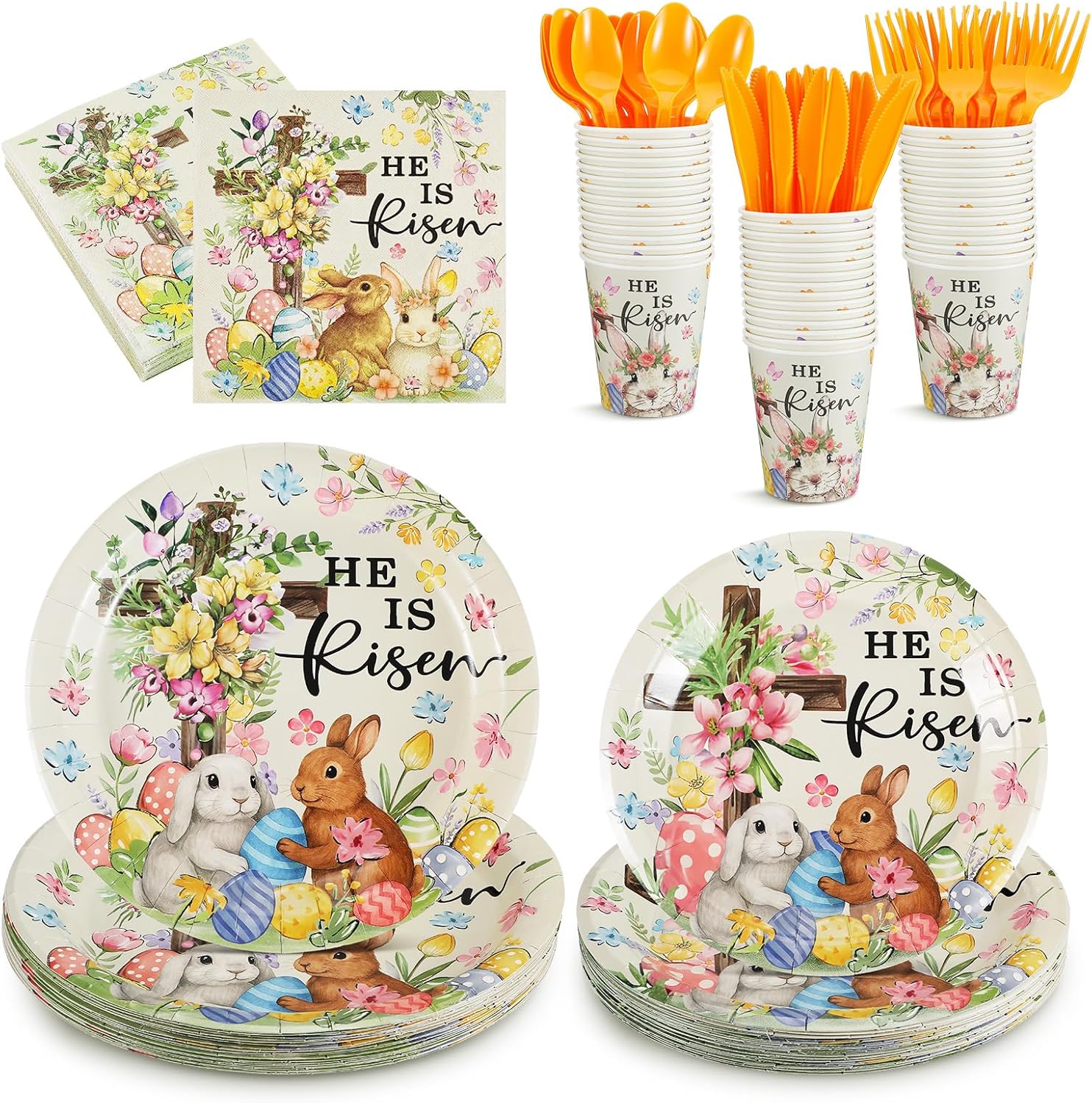Teenyyou 175 Pcs Easter Party Supplies He Is Risen Easter Religious Plate and Napkin Set He Is Risen Garden Paper Tableware Set to Serve 25 Guest Vintage Spring Disposable Dinnerware for Holiday Party