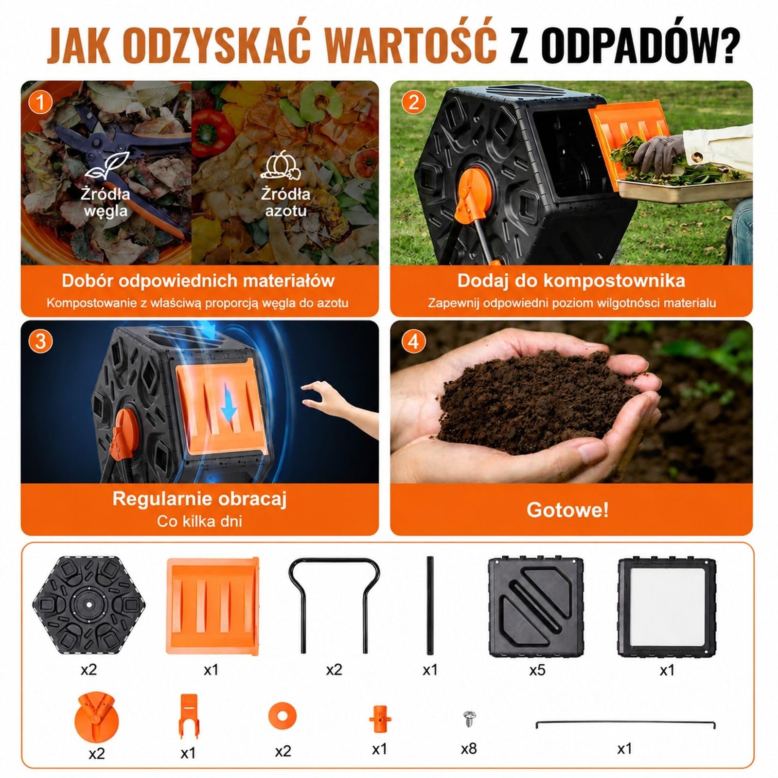 Obrotowy kompostownik ogrodowy 70 l z bębnem obracanym o 360°, konstrukcja z PP i Q235B, w zestawie rękawice