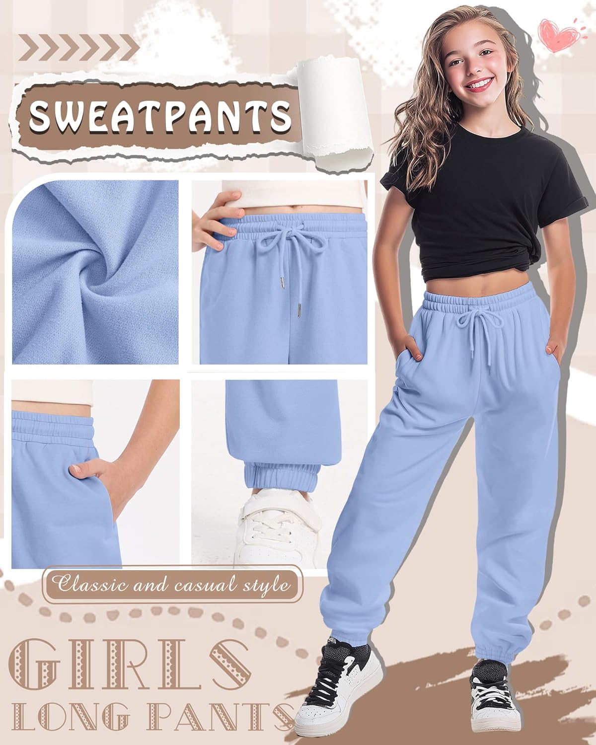 4 Pack Girls Sweatpants Lightweight High Waisted Drawstring Active Joggers Kids Soft Athletic Pants with Pockets